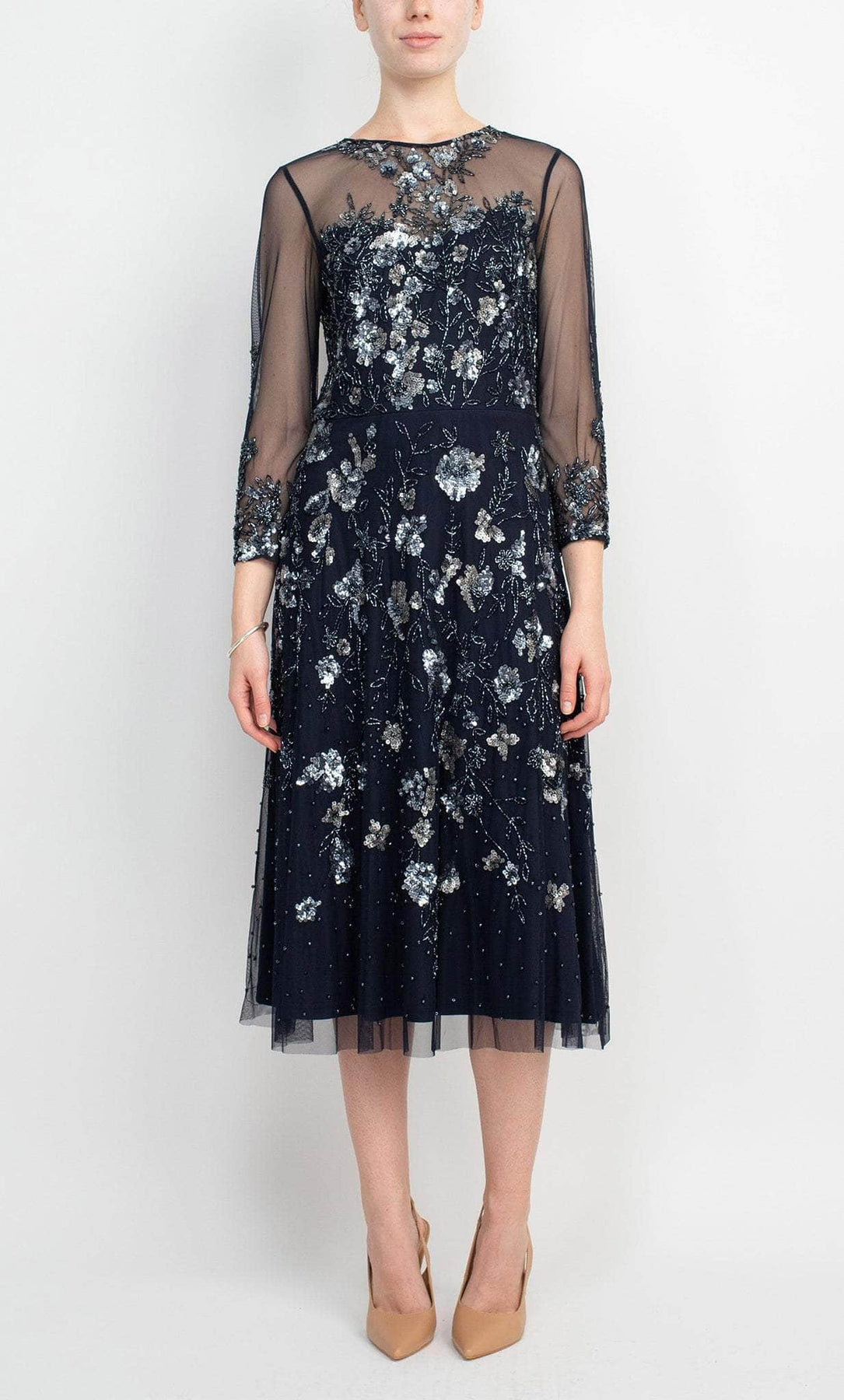 Adrianna Papell AP1E207140 - Long Beaded Mesh Sheath Dress - Illusion Shoulder And Sleeves, Sequined, Floral Appliques, Back Zipper ADASA Adrianna Papell AP1E207140 - Long Beaded Mesh Sheath Dress - Illusion Shoulder And Sleeves, Sequined, Floral Appliques, Back Zipper ADASA