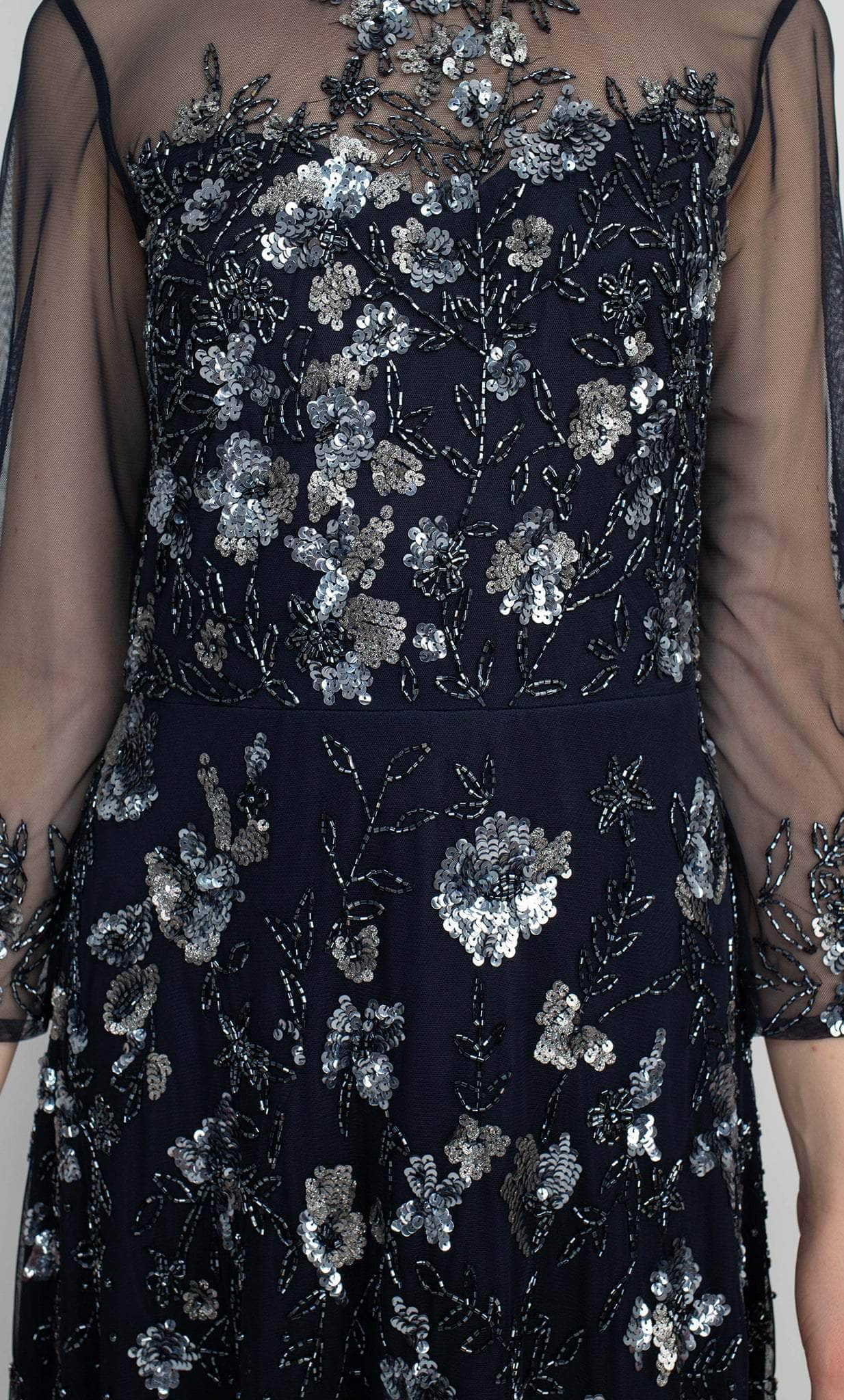 Adrianna Papell AP1E207140 - Long Beaded Mesh Sheath Dress - Illusion Shoulder And Sleeves, Sequined, Floral Appliques, Back Zipper ADASA Adrianna Papell AP1E207140 - Long Beaded Mesh Sheath Dress - Illusion Shoulder And Sleeves, Sequined, Floral Appliques, Back Zipper ADASA