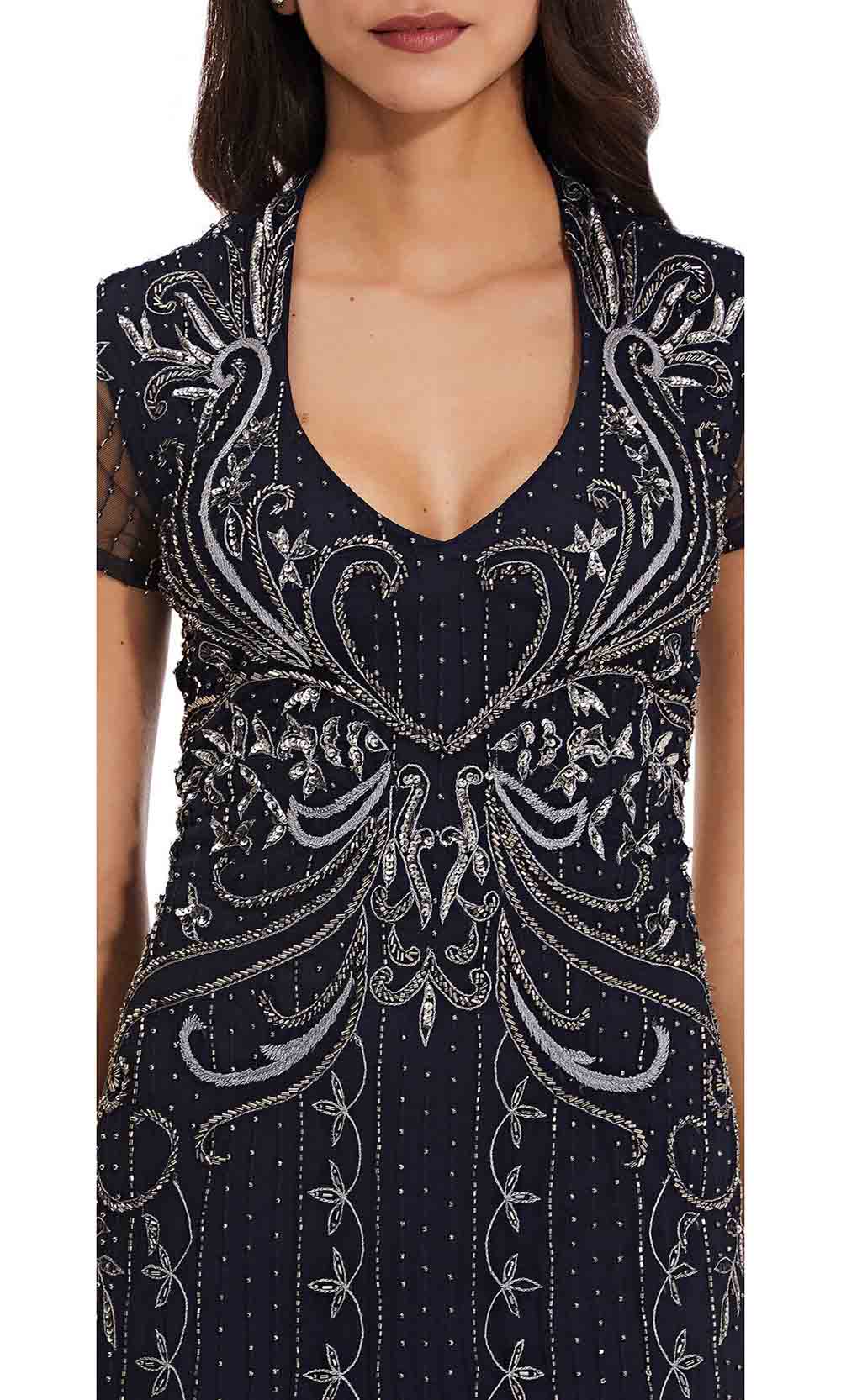 Adrianna Papell AP1E207147 - Long Embellished A-Line Dress - Embellished, Short Sleeve, Cutout Back, Beaded Embroidered, Hidden Back Zipper And Hook And Eye, Godet, Lined ADASA Adrianna Papell AP1E207147 - Long Embellished A-Line Dress - Embellished, Short Sleeve, Cutout Back, Beaded Embroidered, Hidden Back Zipper And Hook And Eye, Godet, Lined ADASA