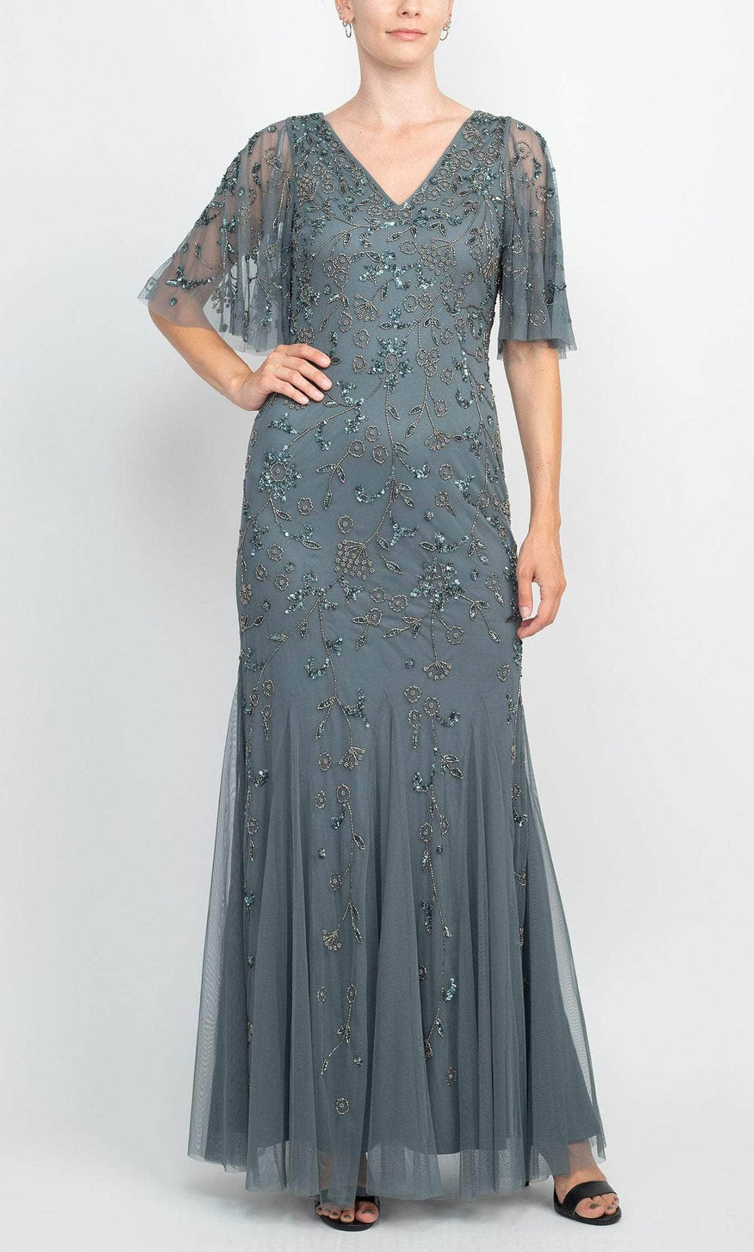 Adrianna Papell AP1E207370 - Long Mesh A-Line Dress - Bell Sleeves, Beads, Embellished, Soft Tulle, Scoop Back, Back Zipper, Full Length ADASA Adrianna Papell AP1E207370 - Long Mesh A-Line Dress - Bell Sleeves, Beads, Embellished, Soft Tulle, Scoop Back, Back Zipper, Full Length ADASA