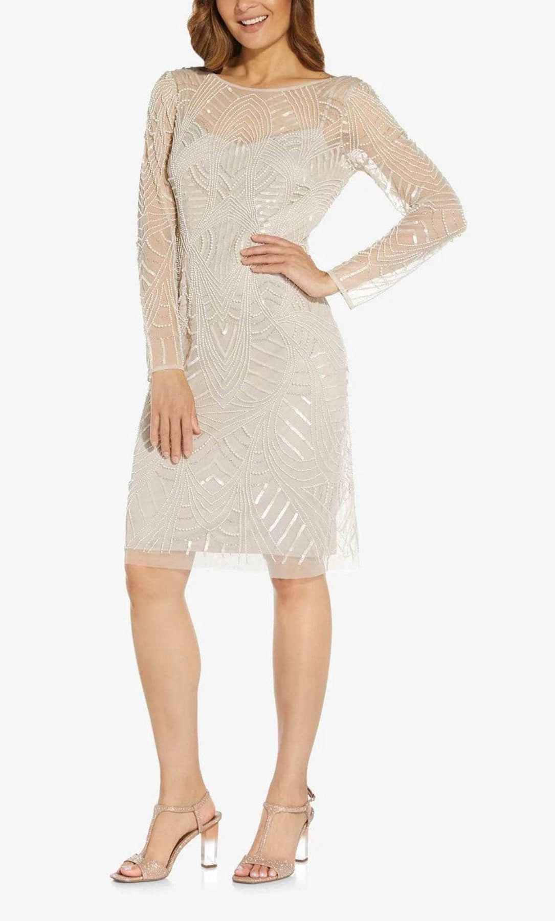 Adrianna Papell AP1E208662 - Knee-Length Mesh Sheath Dress - Illusion, Long Sleeves, Embellished, V-Open Back, Zipper Closure Knee Length Hem ADASA Adrianna Papell AP1E208662 - Knee-Length Mesh Sheath Dress - Illusion, Long Sleeves, Embellished, V-Open Back, Zipper Closure Knee Length Hem ADASA