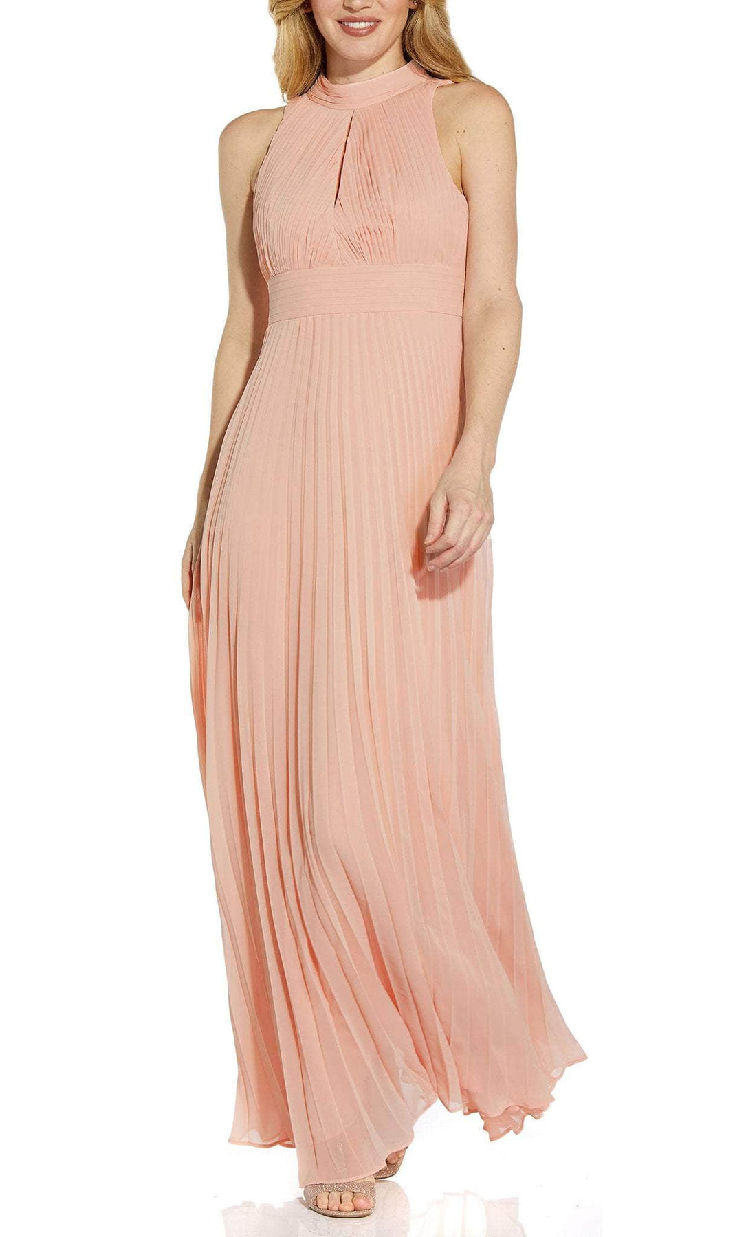 Adrianna Papell AP1E208859 - Long Chiffon A-Line Dress - Pleats, Sleeveless, Keyhole Front, High Waist, Flowy, Full Length, Tie Back, Cut Out ADASA Adrianna Papell AP1E208859 - Long Chiffon A-Line Dress - Pleats, Sleeveless, Keyhole Front, High Waist, Flowy, Full Length, Tie Back, Cut Out ADASA
