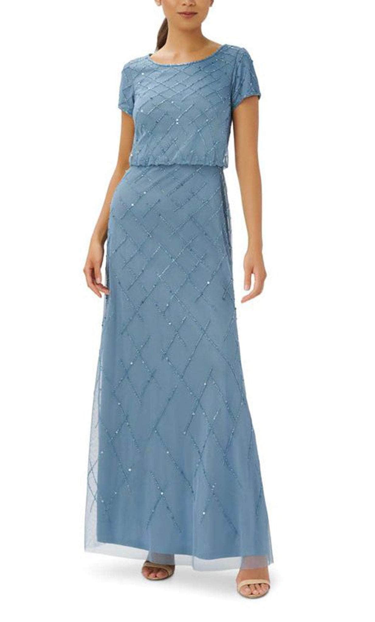 Adrianna Papell AP1E208942 - Short Sleeve Beaded Long Gown Special Occasion Dress 10 / Vintage Blue
