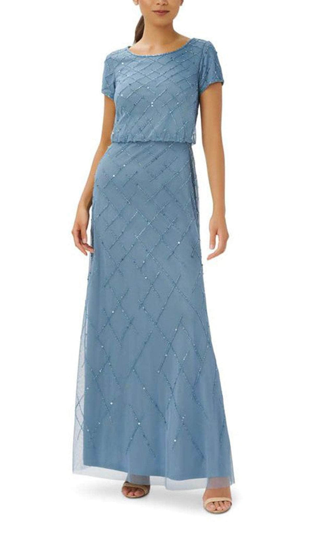 Adrianna Papell AP1E208942 - Long Beaded Mesh Sheath Dress - Short Sleeves, Beaded Patterns, Back Zipper, Sheer Hem ADASA Adrianna Papell AP1E208942 - Long Beaded Mesh Sheath Dress - Short Sleeves, Beaded Patterns, Back Zipper, Sheer Hem ADASA