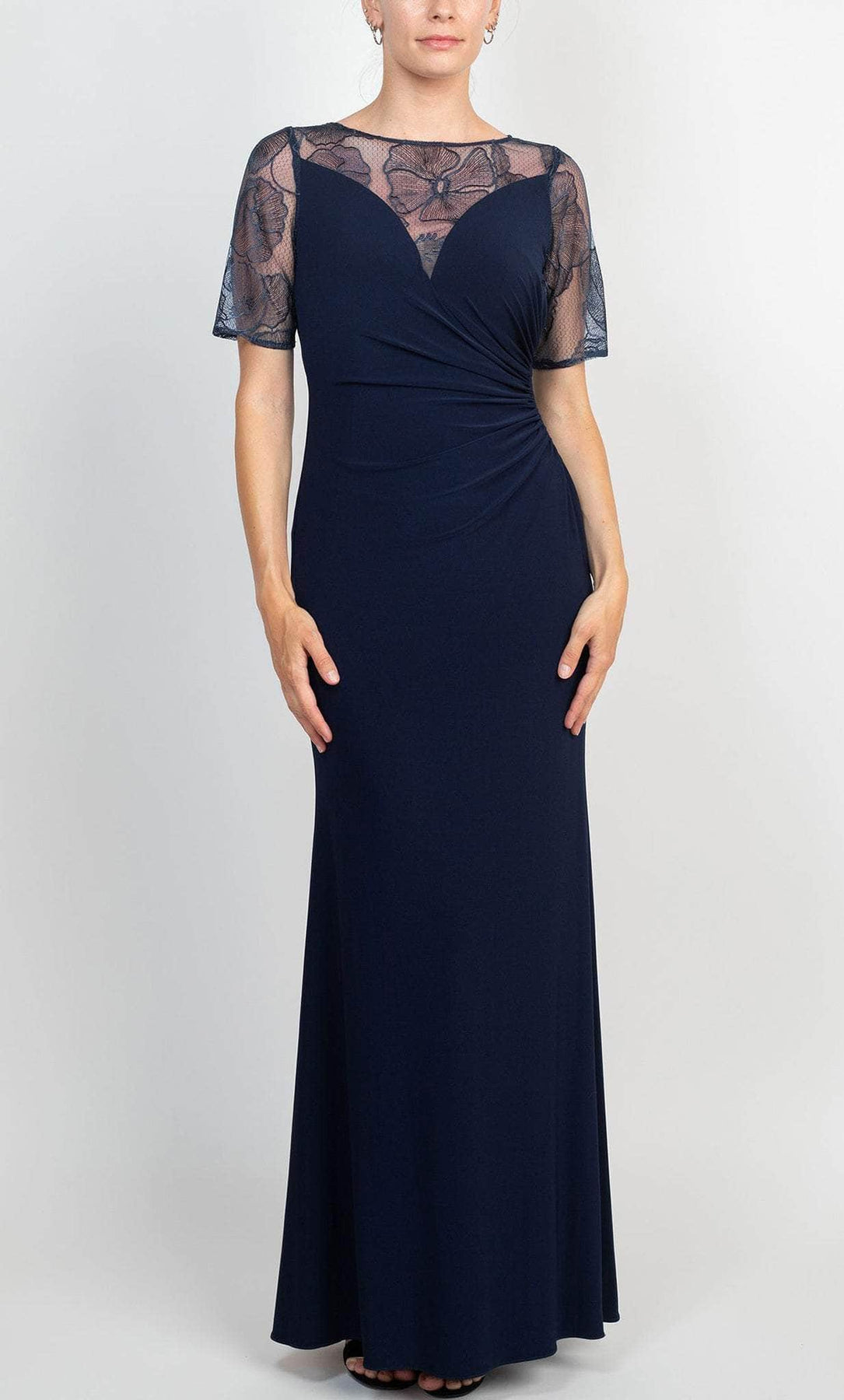 Adrianna Papell AP1E208992 - Long Lace Column Dress - Short Sleeved, Mesh, Floral Design, Ruched, Fitted Bodice, Full Length, Back Zipper ADASA Adrianna Papell AP1E208992 - Long Lace Column Dress - Short Sleeved, Mesh, Floral Design, Ruched, Fitted Bodice, Full Length, Back Zipper ADASA
