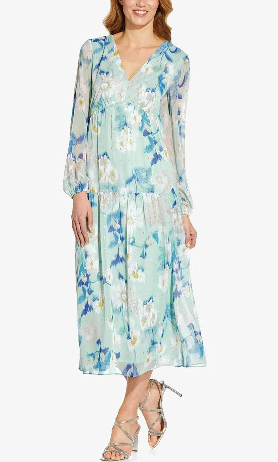 Adrianna Papell AP1E209021 - Long Chiffon A-Line Dress - Long, Bishop Sleeves, Midi Dress, Floral, Loose, Printed, Flowy, Tiered ADASA Adrianna Papell AP1E209021 - Long Chiffon A-Line Dress - Long, Bishop Sleeves, Midi Dress, Floral, Loose, Printed, Flowy, Tiered ADASA