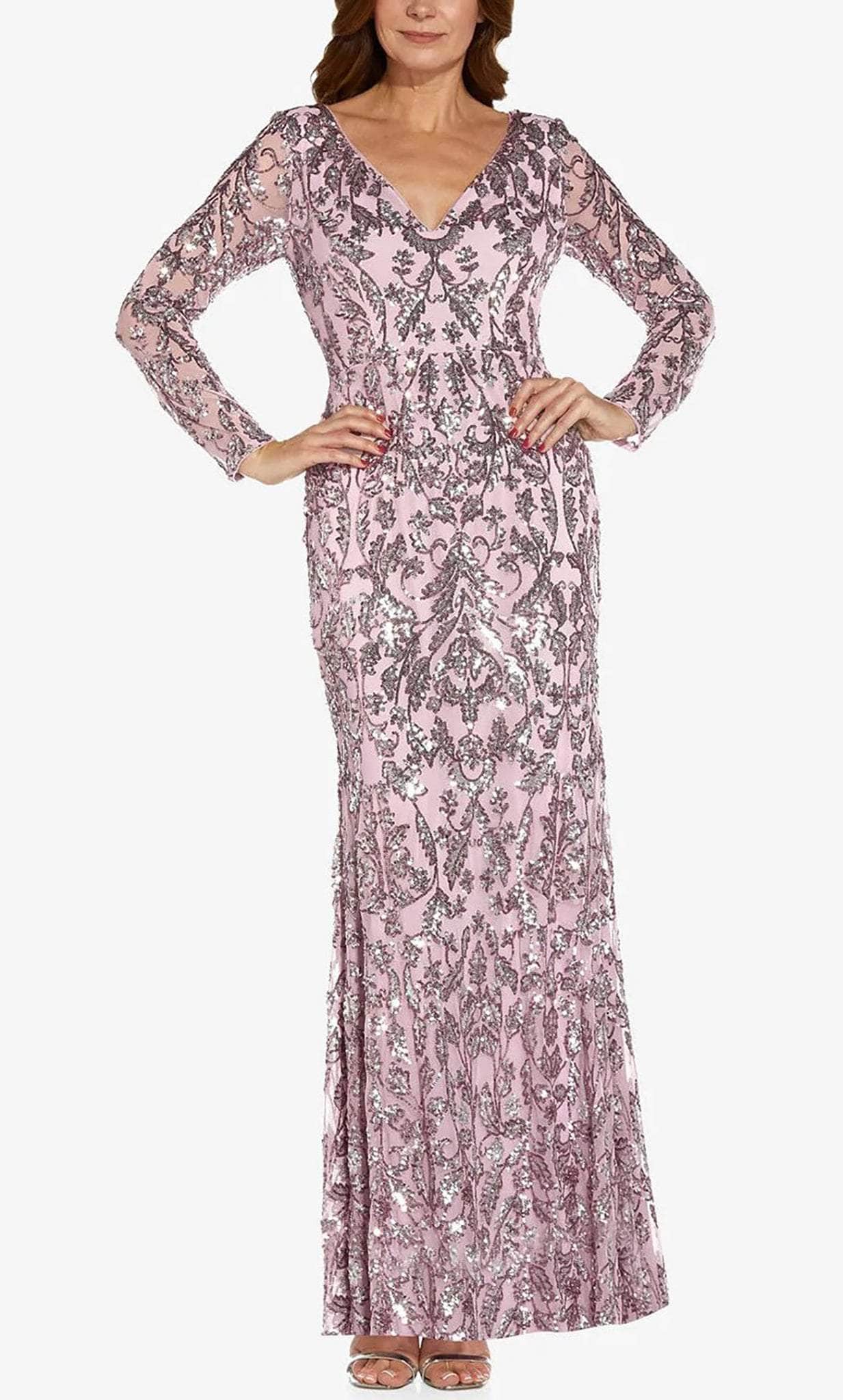Adrianna Papell AP1E209103 - V Neck Sequined Evening Gown Mother of the Bride Dresses 2 / Smoky Rose