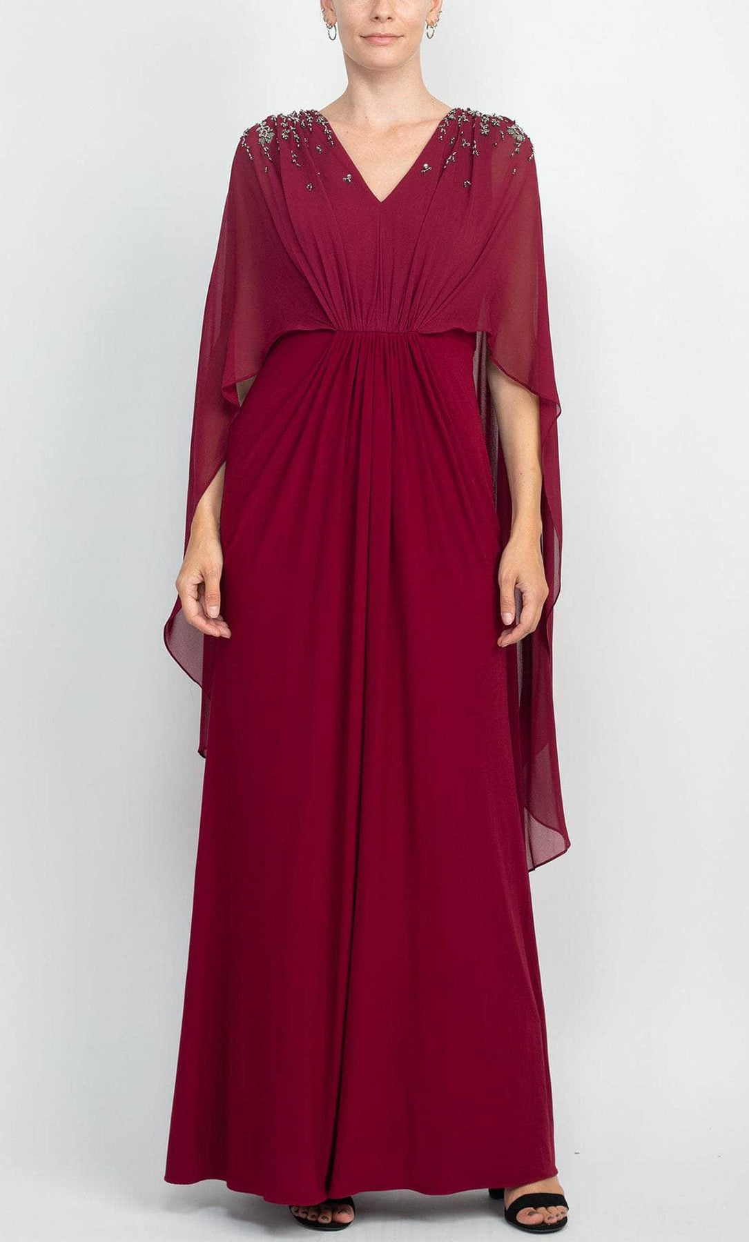 Adrianna Papell AP1E209131 - Long Chiffon A-Line Dress - Poncho, Cape, Embellished, Ruched, Modest, Formal, Chiffon, Full Length, Back Zipper ADASA Adrianna Papell AP1E209131 - Long Chiffon A-Line Dress - Poncho, Cape, Embellished, Ruched, Modest, Formal, Chiffon, Full Length, Back Zipper ADASA