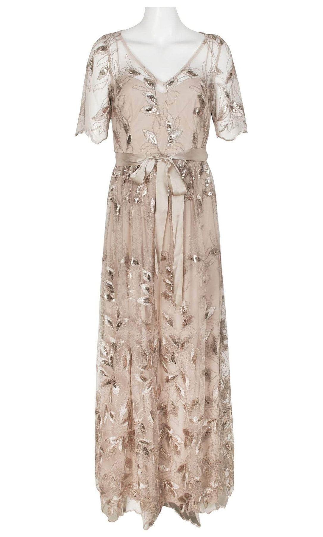 Adrianna Papell AP1E209273 - Long Mesh Sheath Dress - Short Sleeves, Tie Waist, Embroidered, Embellished Sequin, Back Zipper, Long Mesh ADASA Adrianna Papell AP1E209273 - Long Mesh Sheath Dress - Short Sleeves, Tie Waist, Embroidered, Embellished Sequin, Back Zipper, Long Mesh ADASA
