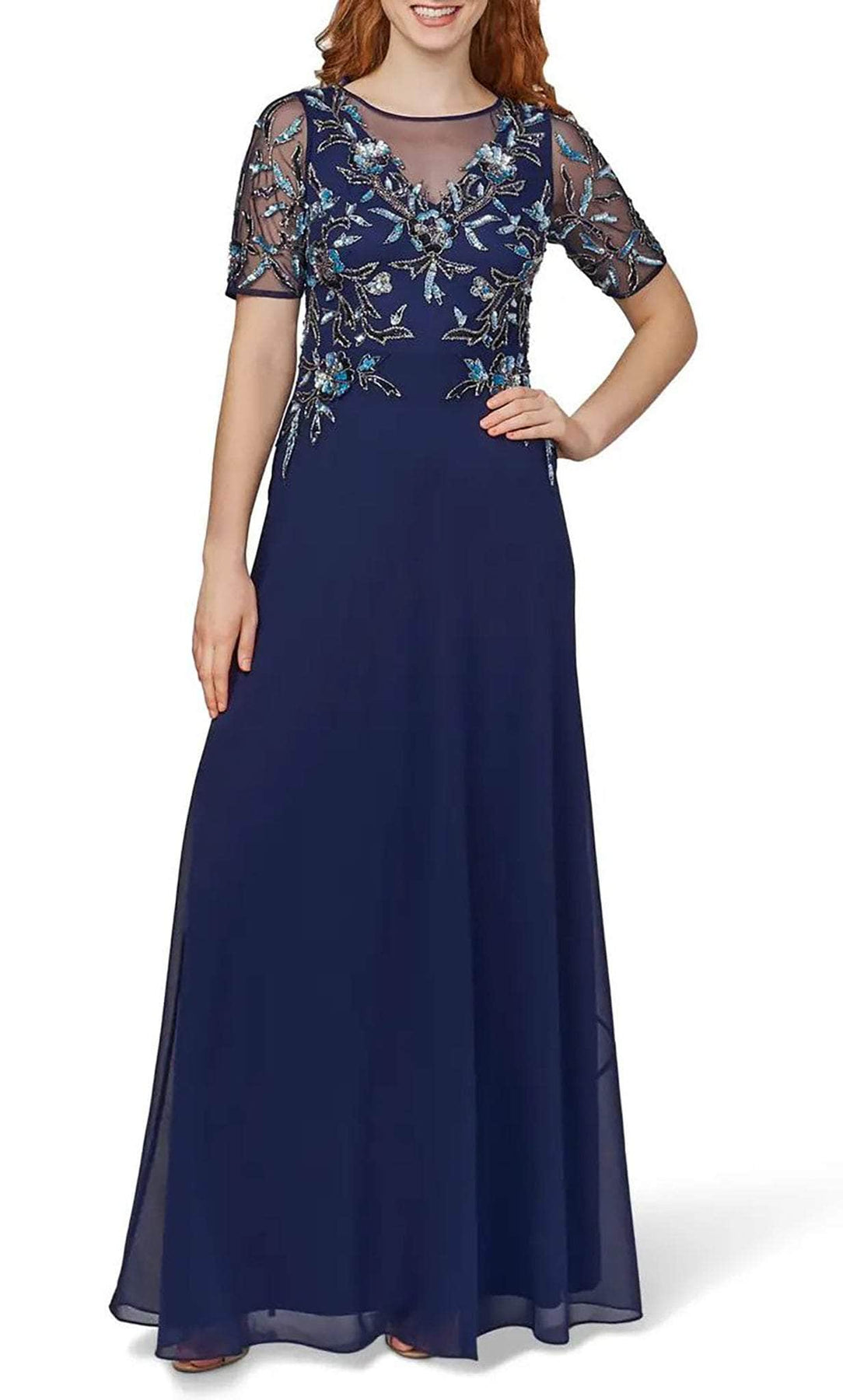 Adrianna Papell AP1E209510 - Long Chiffon A-Line Dress - Short Sleeves, Sheer, Floral Pattern, Sequins, Chiffon, Flowy, Full Length, Modest, Back Zipper ADASA Adrianna Papell AP1E209510 - Long Chiffon A-Line Dress - Short Sleeves, Sheer, Floral Pattern, Sequins, Chiffon, Flowy, Full Length, Modest, Back Zipper ADASA