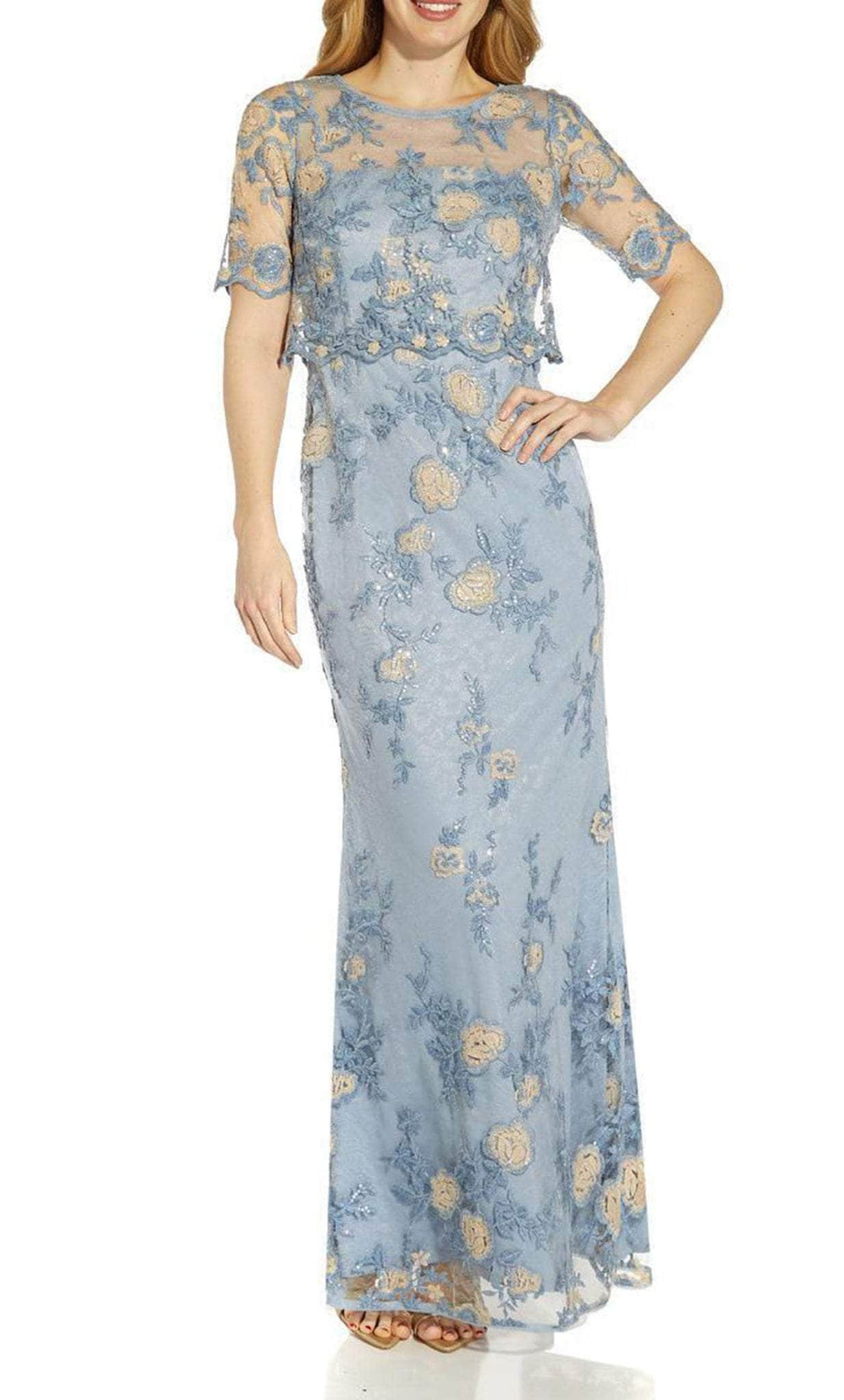 Adrianna Papell AP1E209538 - Long Embroidered Sheath Dress - Illusion Shoulder And Sleeves, Embroidered, Floral Appliques, Back Zipper ADASA Adrianna Papell AP1E209538 - Long Embroidered Sheath Dress - Illusion Shoulder And Sleeves, Embroidered, Floral Appliques, Back Zipper ADASA