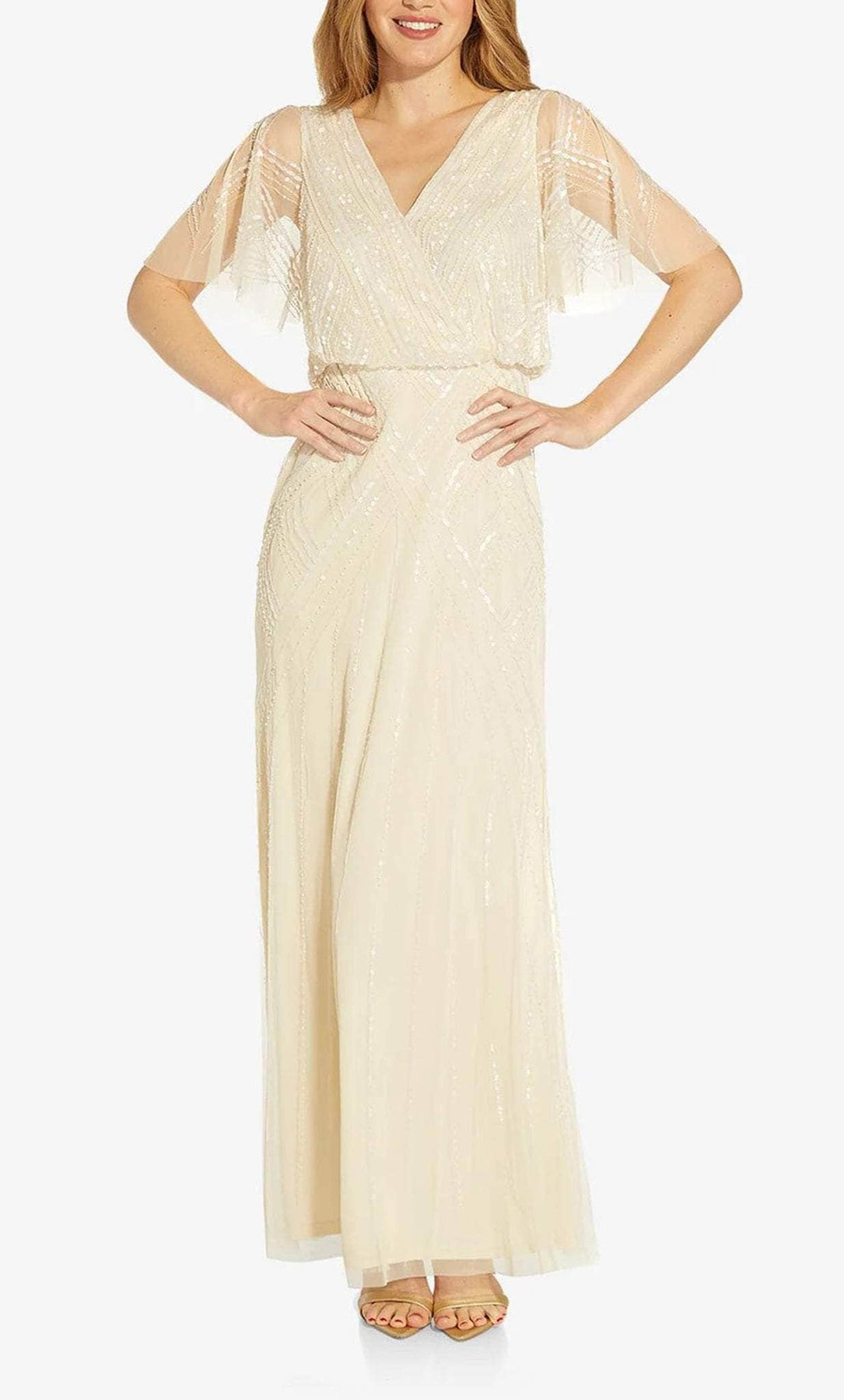 Adrianna Papell AP1E209650 - Long Chiffon Sheath Dress - Beaded, Flutter Sleeves, Cutout Back, Back Zipper, Blouson Bodice, Full Length Hem ADASA Adrianna Papell AP1E209650 - Long Chiffon Sheath Dress - Beaded, Flutter Sleeves, Cutout Back, Back Zipper, Blouson Bodice, Full Length Hem ADASA
