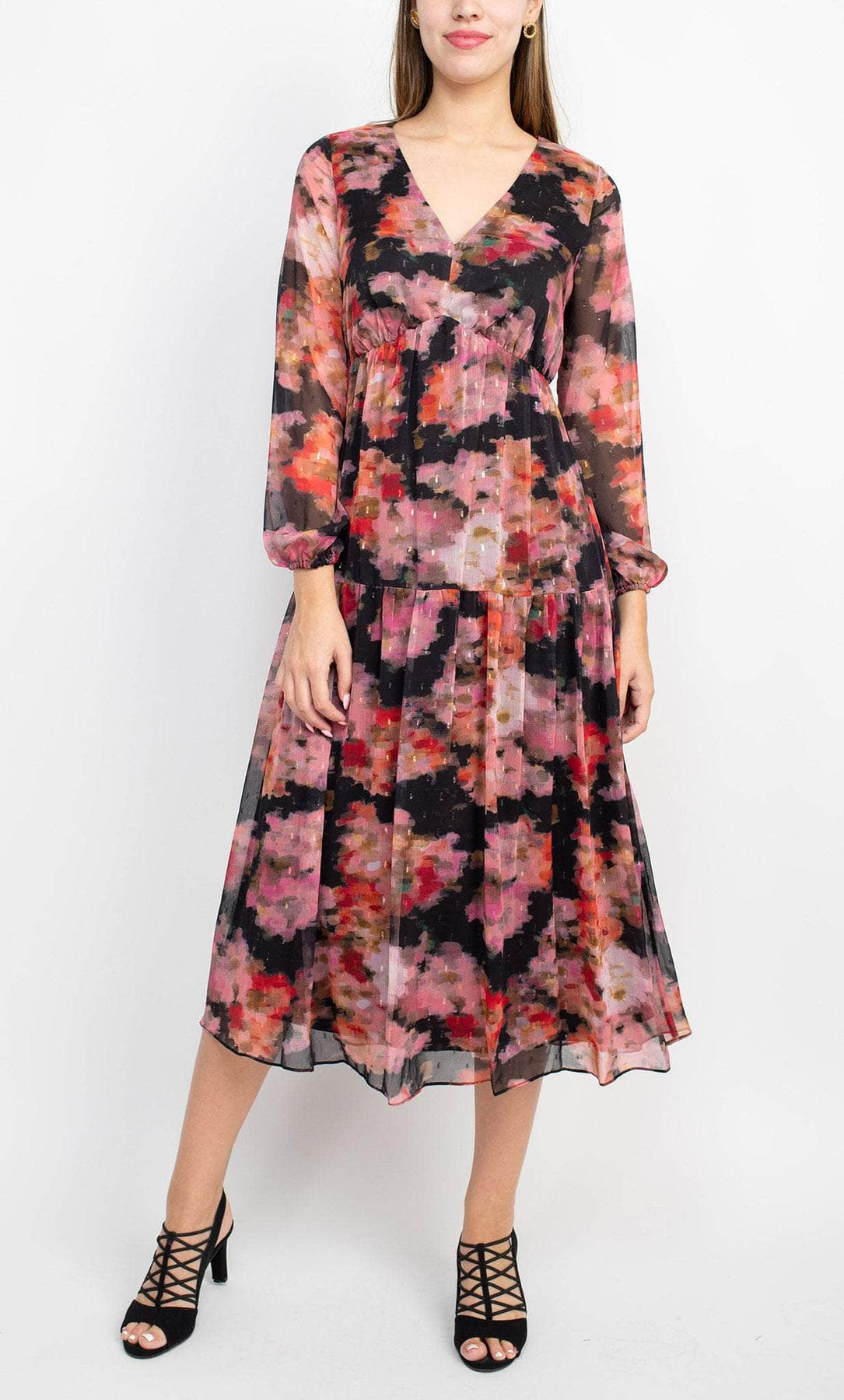 Adrianna Papell AP1E209660 - Tea-Length Chiffon A-Line Dress - Long Bishop Sleeves, Floral, Full Back, Tea Length Hem ADASA Adrianna Papell AP1E209660 - Tea-Length Chiffon A-Line Dress - Long Bishop Sleeves, Floral, Full Back, Tea Length Hem ADASA