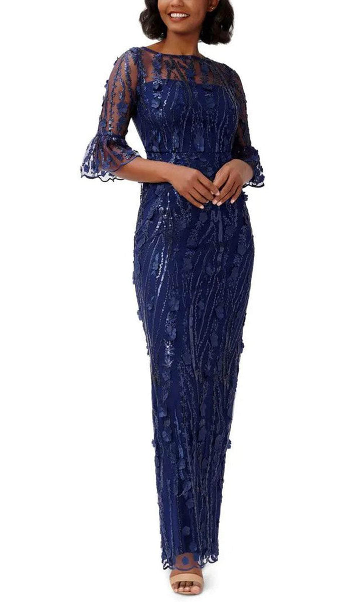 Adrianna Papell AP1E209716 - Long Shell Sheath Dress - Quarter Length Bell  Sleeve, Sheer Bodice, Sequins, Embroidery, 3D Floral Appliques, Full Back,  Zipper Closure, Back Slit  ADASA
