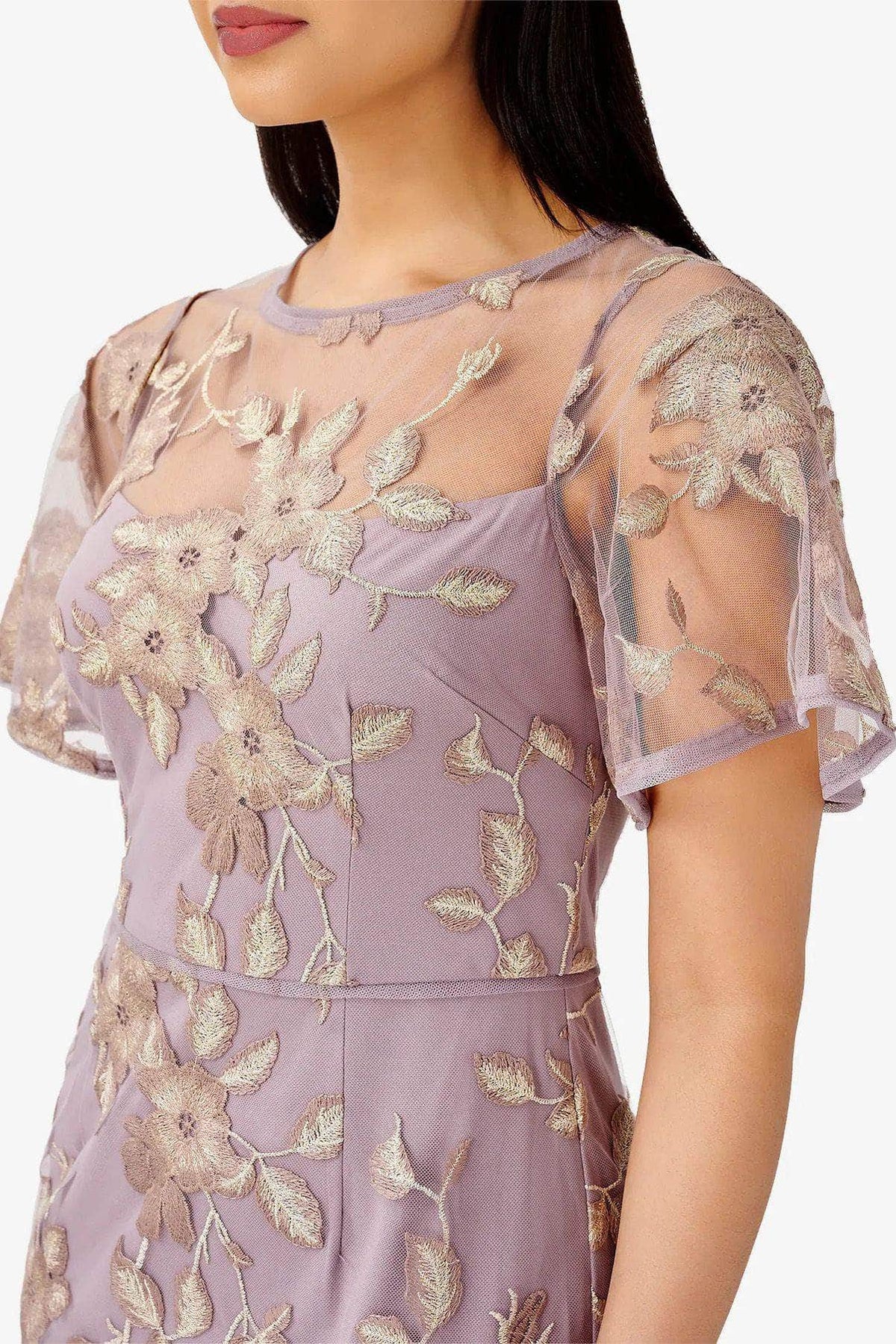 Adrianna Papell AP1E209757 - Long Embroidered Mesh Column Dress - Crew Neck, Flutter Short Sleeve, Floral Embroidery, Back Zipper, Lined ADASA Adrianna Papell AP1E209757 - Long Embroidered Mesh Column Dress - Crew Neck, Flutter Short Sleeve, Floral Embroidery, Back Zipper, Lined ADASA
