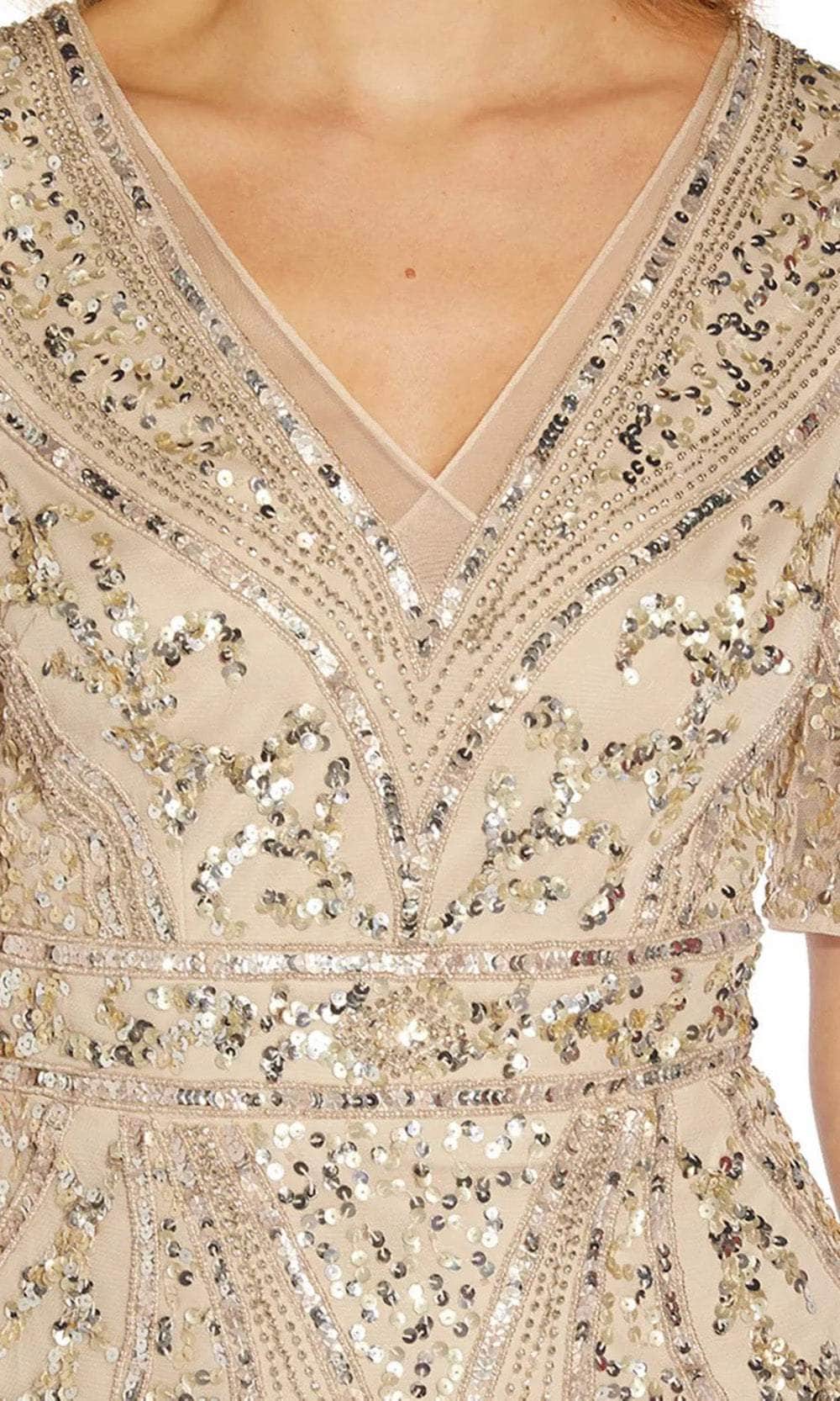 Adrianna Papell AP1E209809 - Short Mesh Sheath Dress - Short Sleeve, Sheer, Beaded And Sequins Embellished, Lined, Enclosed Back ADASA Adrianna Papell AP1E209809 - Short Mesh Sheath Dress - Short Sleeve, Sheer, Beaded And Sequins Embellished, Lined, Enclosed Back ADASA