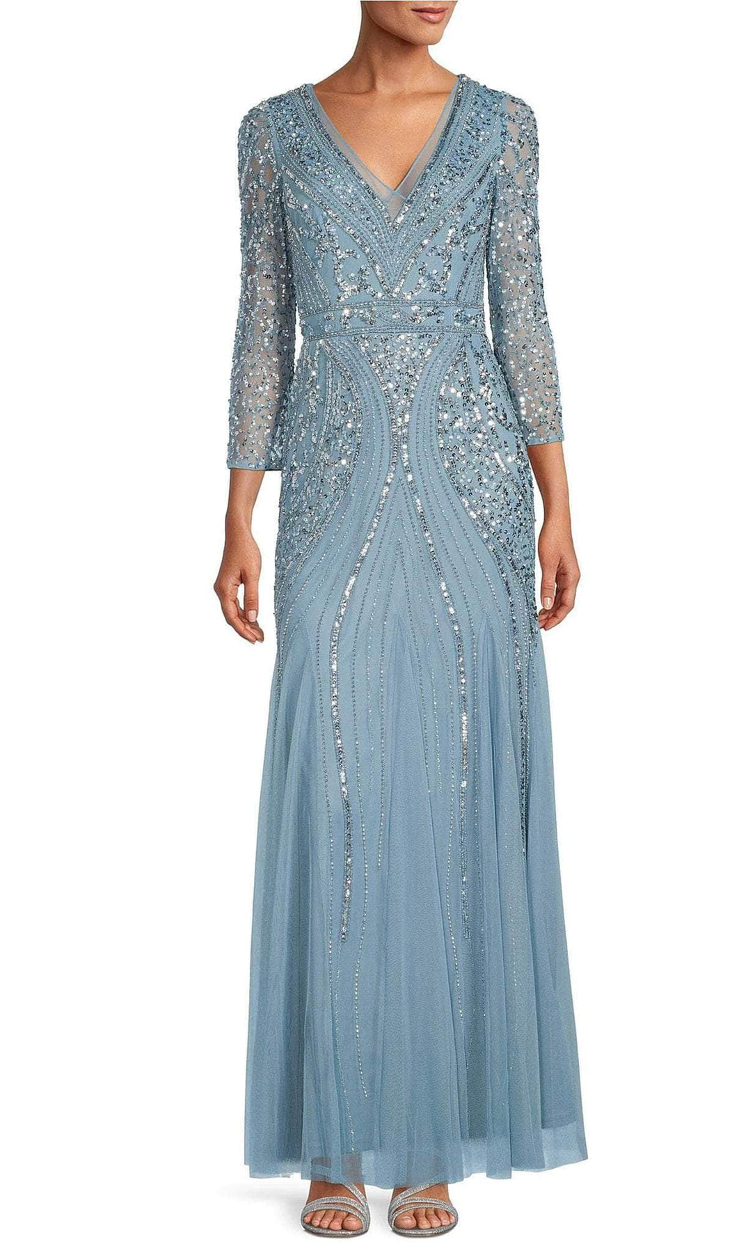 Adrianna Papell AP1E209816 - Long Mesh A-Line Dress - Long Sleeves, Sequins, Fitted Bodice, Beads, Modest, Formal, Full Length, Back Zipper ADASA Adrianna Papell AP1E209816 - Long Mesh A-Line Dress - Long Sleeves, Sequins, Fitted Bodice, Beads, Modest, Formal, Full Length, Back Zipper ADASA