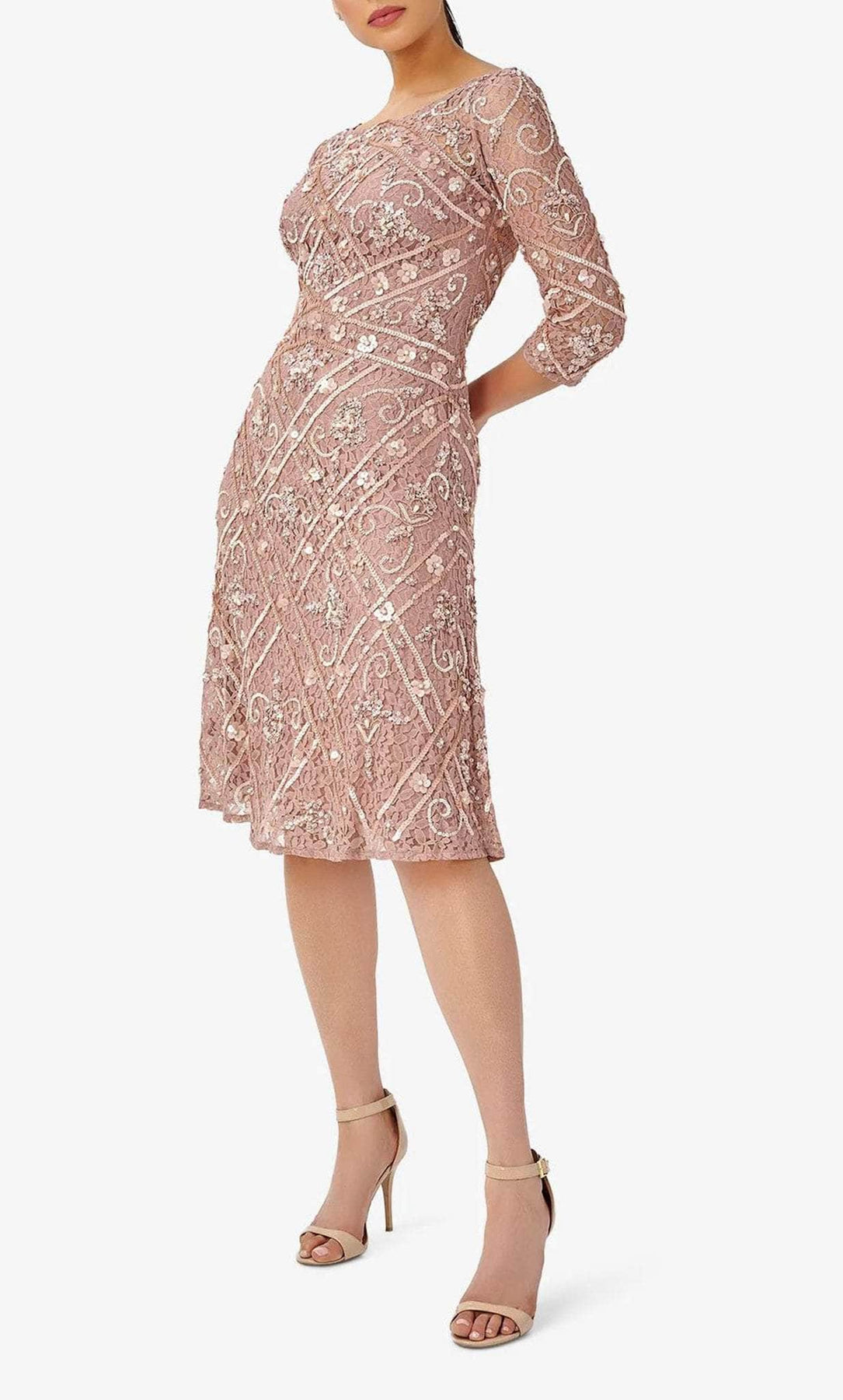 Adrianna Papell AP1E209857 - Short Beaded Sheath Dress - Long Sleeves, Floral Appliques, Beaded, Sequined ADASA Adrianna Papell AP1E209857 - Short Beaded Sheath Dress - Long Sleeves, Floral Appliques, Beaded, Sequined ADASA