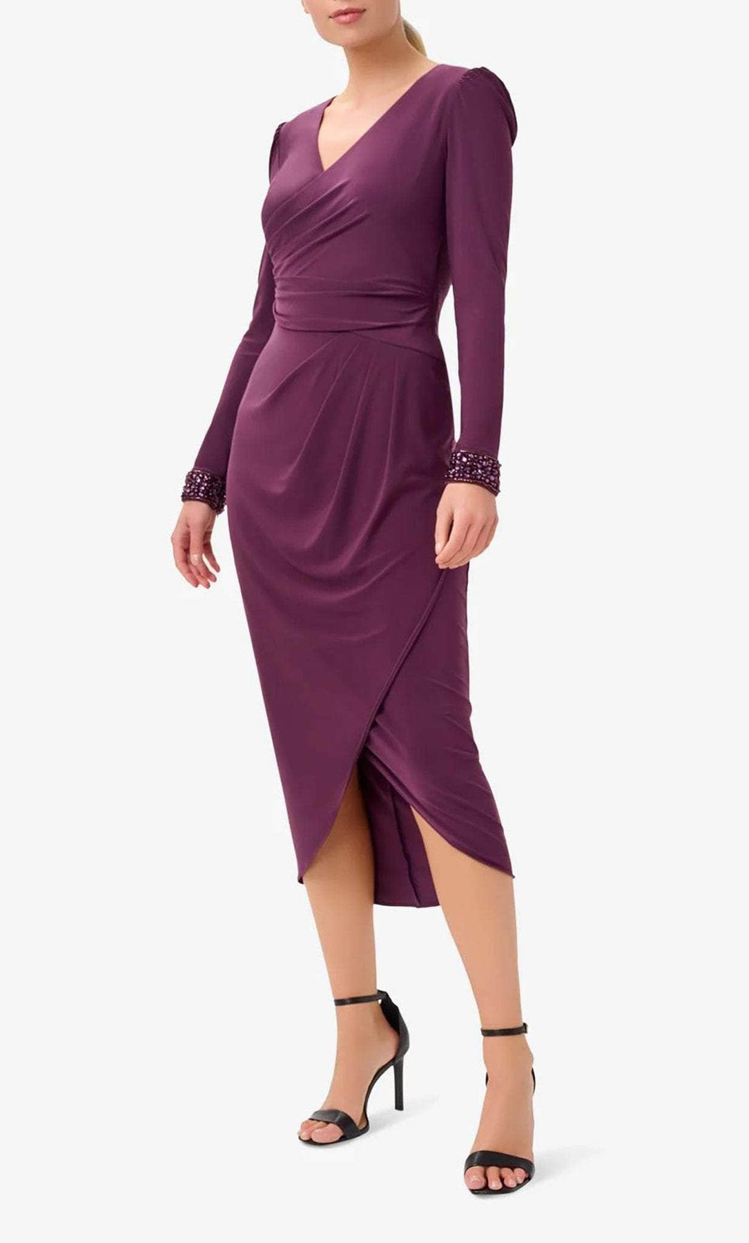 Adrianna Papell AP1E210005 - High-Low Jersey Sheath Dress - Long Sleeve, Beaded Cuffs, Back Zipper Closure, High Low-Hem, Wrapped Style ADASA Adrianna Papell AP1E210005 - High-Low Jersey Sheath Dress - Long Sleeve, Beaded Cuffs, Back Zipper Closure, High Low-Hem, Wrapped Style ADASA