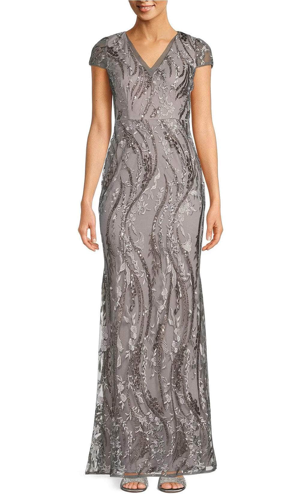 Adrianna Papell AP1E210106 - V Neck Sequin Embroidery Gown Special Occasion Dress 2 / Silver Multi