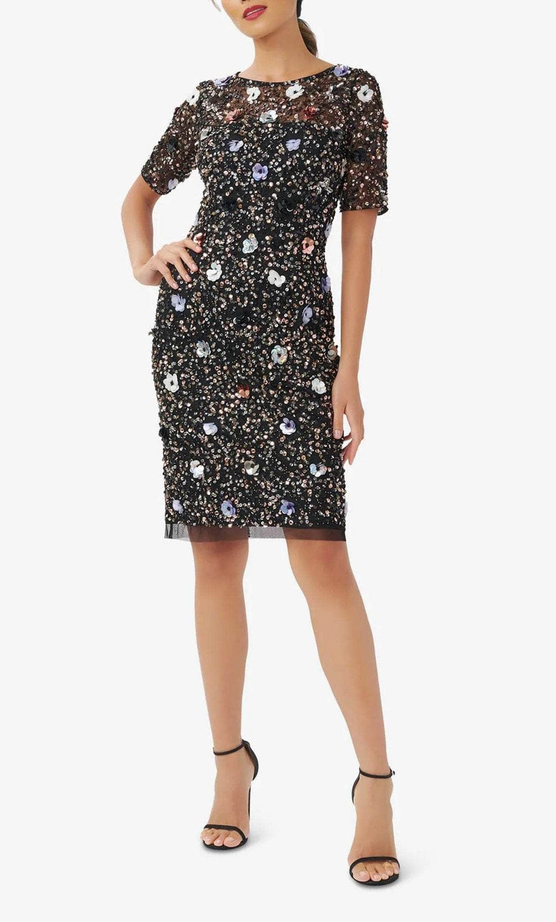 Adrianna Papell AP1E210124 - Short Beaded Mesh Sheath Dress - Sequined, Sheer, Beaded, Floral Appliques, Sheer Hem ADASA Adrianna Papell AP1E210124 - Short Beaded Mesh Sheath Dress - Sequined, Sheer, Beaded, Floral Appliques, Sheer Hem ADASA