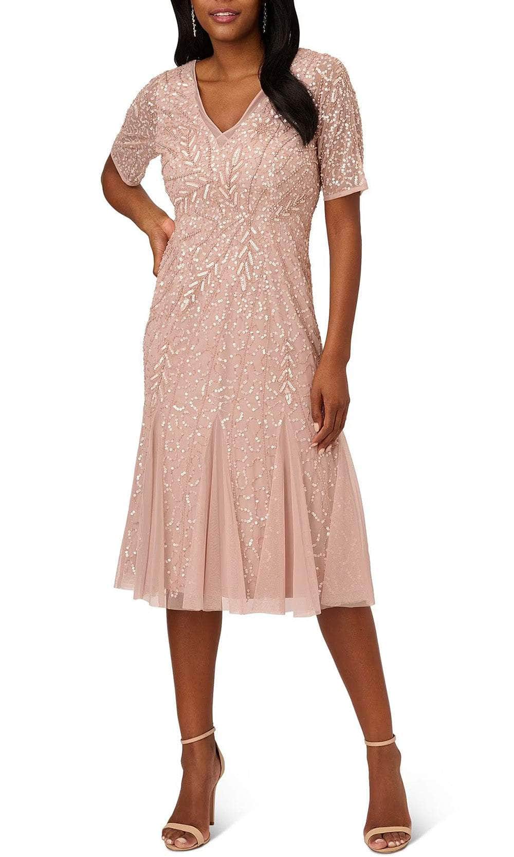Adrianna Papell AP1E210196 - V Neck Godet Mesh Dress Special Occasion Dress 0 / Steel Rose