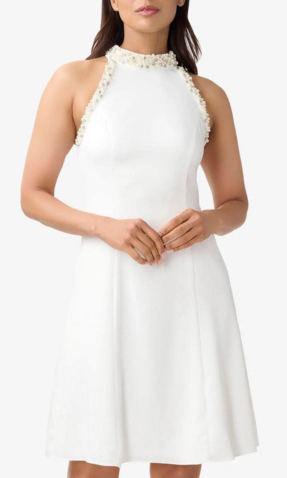 Adrianna Papell AP1E210214 - Short Woven Satin Crepe A-Line Dress - Sleeveless, Cut-In Shoulders, Beaded Trim, Princess Seam, Lined ADASA Adrianna Papell AP1E210214 - Short Woven Satin Crepe A-Line Dress - Sleeveless, Cut-In Shoulders, Beaded Trim, Princess Seam, Lined ADASA