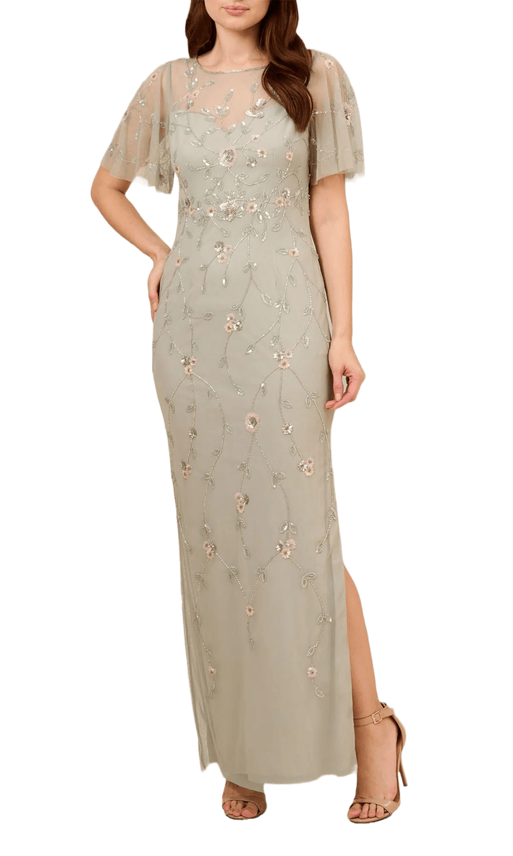 Adrianna Papell AP1E210246 - Beaded Illusion Neckline Gown Mother of the Bride Dresses 2 / Frosted Sage