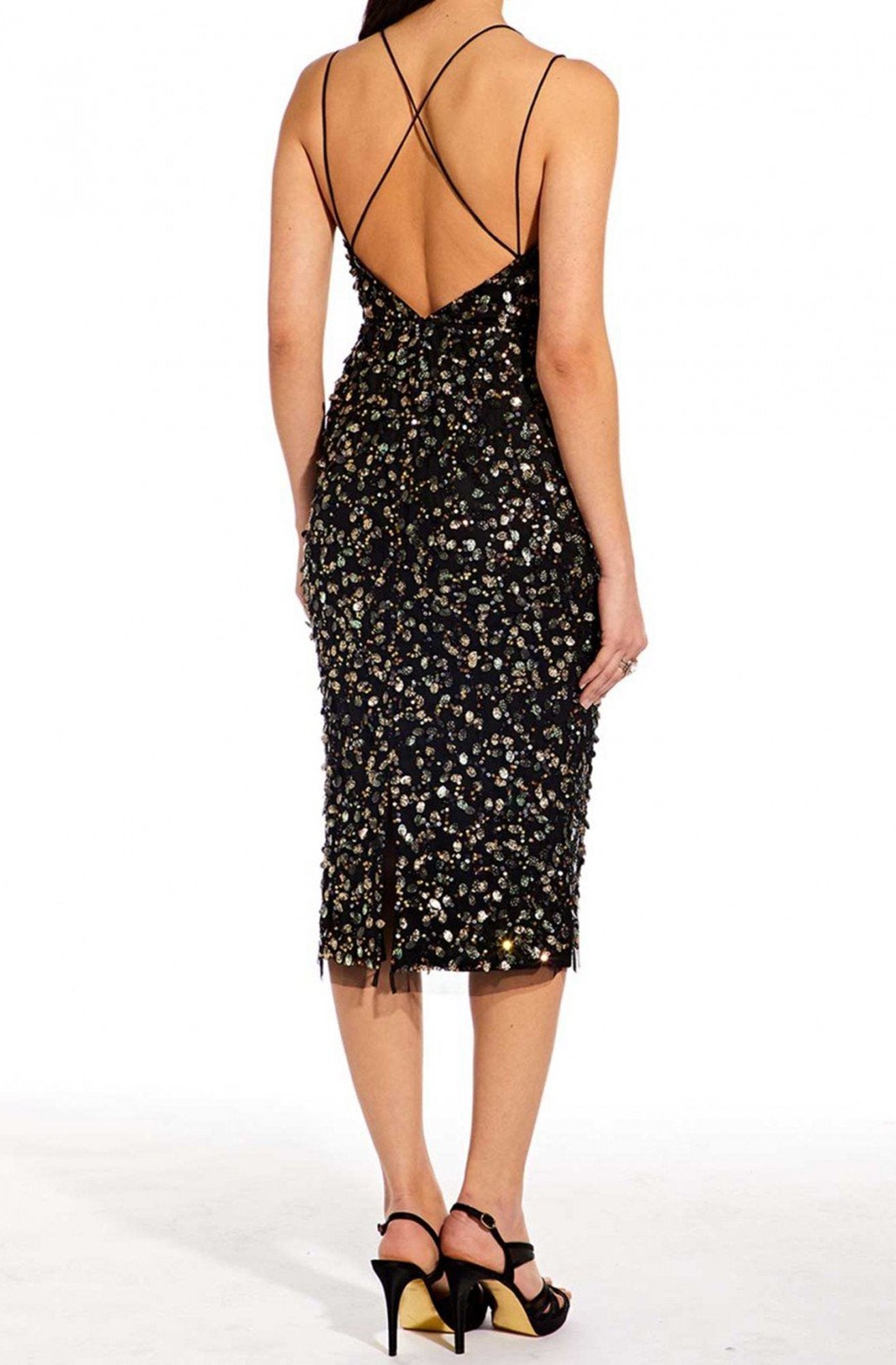 Adrianna Papell - AP1E205373 Embellished V-neck Fitted Dress In Black and Multi-Color