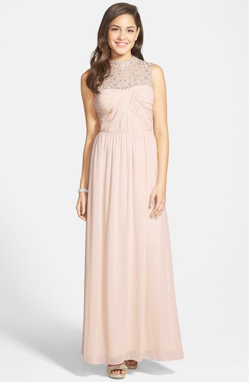 Adrianna Papell - Bejeweled Closed Neck Chiffon Gown 231M70230 Special Occasion Dress 2 / Vanilla