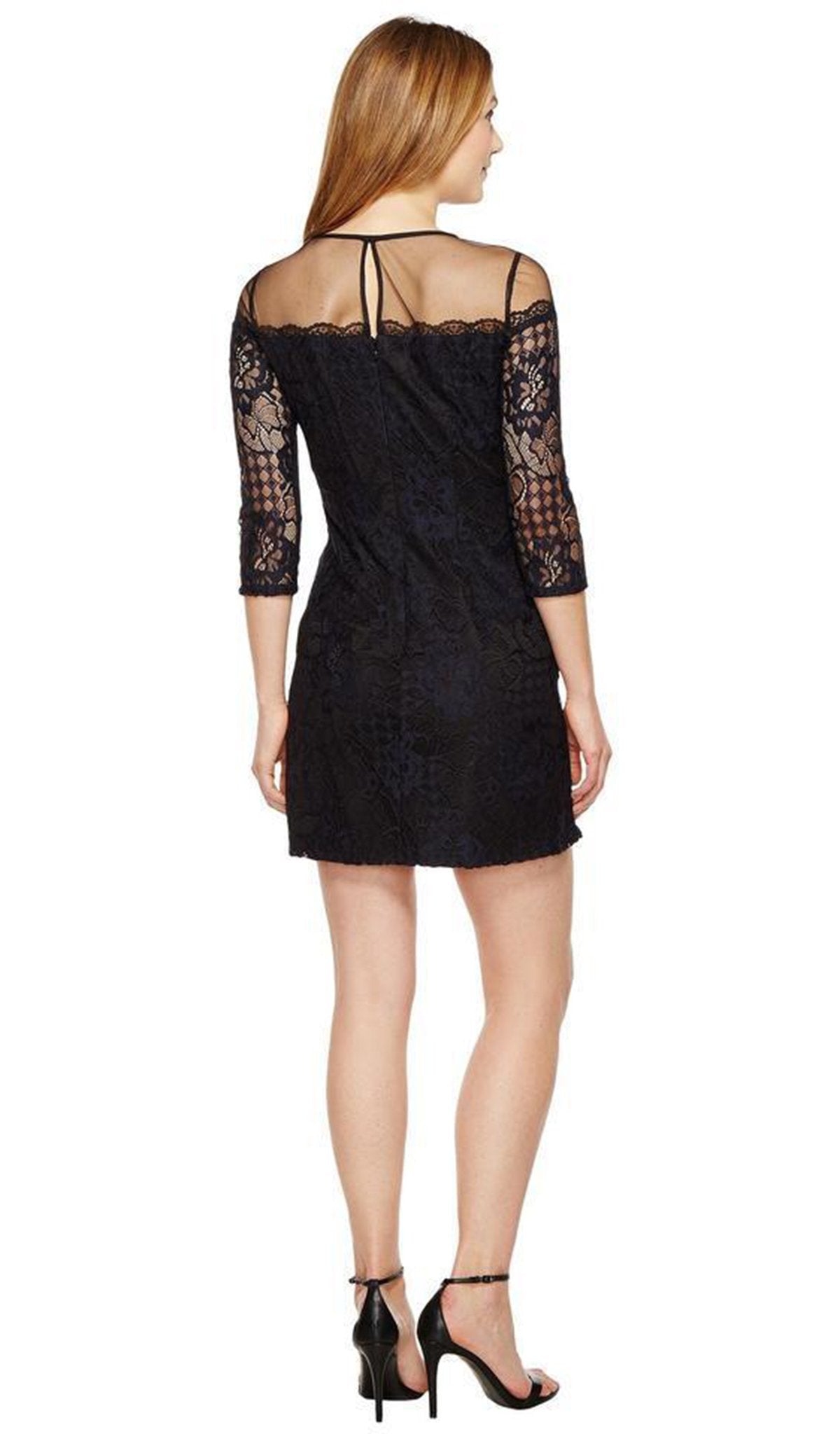Adrianna Papell - AP1D100545 Lace Quarter Length Sleeve Sheath Dress In Black and Blue