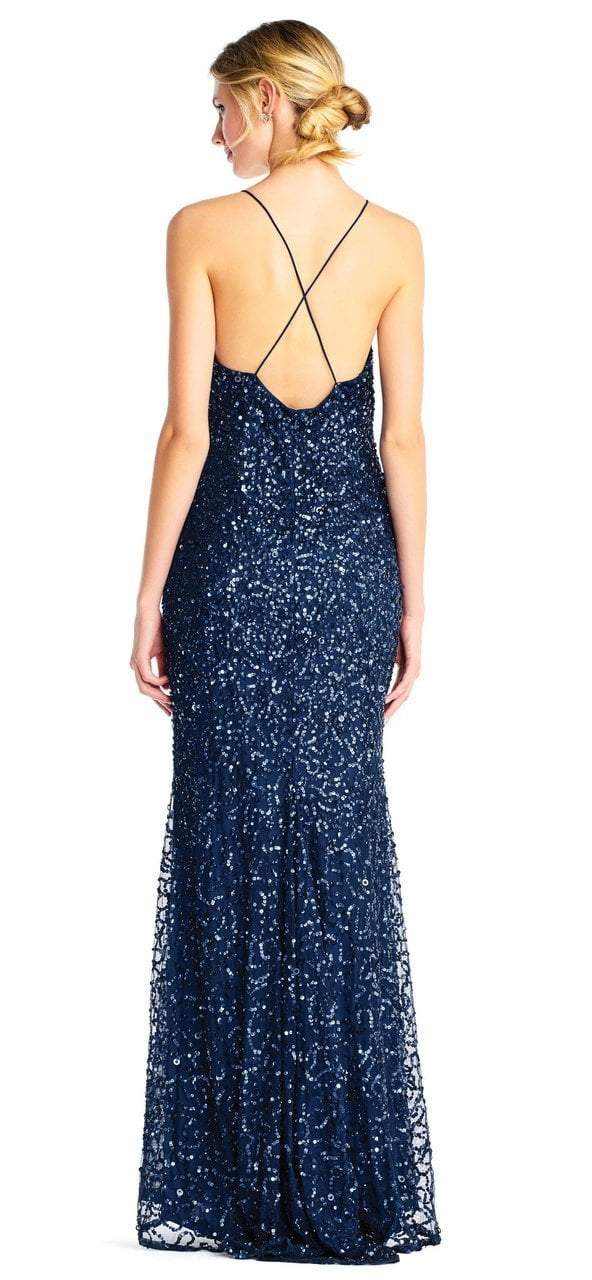 Adrianna Papell - Cross-Stringed Back Sequined Halter Gown AP1E202438 - 1 pc Deep Blue In Size 16 Available CCSALE 16 / Deep Blue