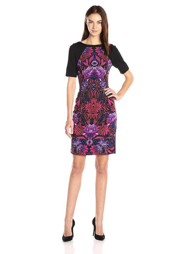Adrianna Papell - Graphic Floral Color Block Sheath Dress AP1D100057 - 1 pc Pink Multi In Size 6 Available CCSALE 6 / Pink Multi
