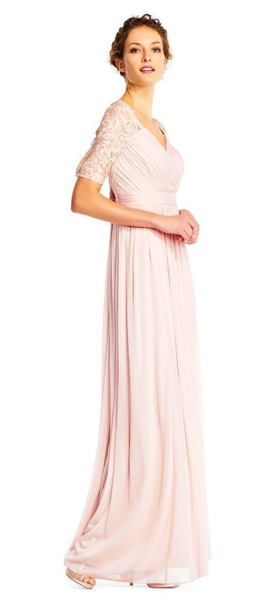Adrianna Papell - Half Sleeve Pin-Tucked Bodice Long Gown AP1E201417 - 1 pc Blush In Size 12 Available CCSALE 12 / Blush