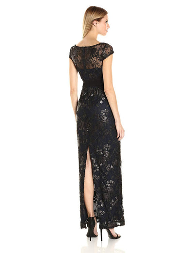 Adrianna Papell - Illusion Cap Sleeve Sequined Floral Gown AP1E200799 - 1 pc Black Navy In Size 10 Available CCSALE 10 / Black Navy