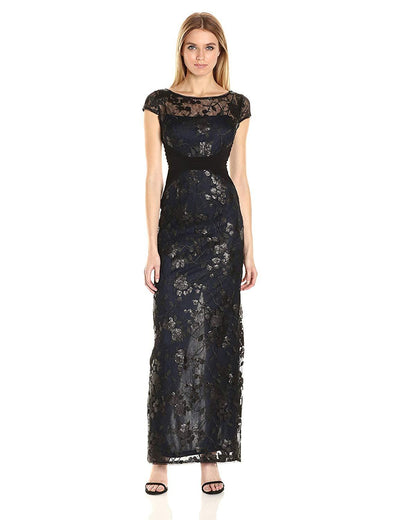 Adrianna Papell - Illusion Cap Sleeve Sequined Floral Gown AP1E200799 - 1 pc Black Navy In Size 10 Available CCSALE 10 / Black Navy
