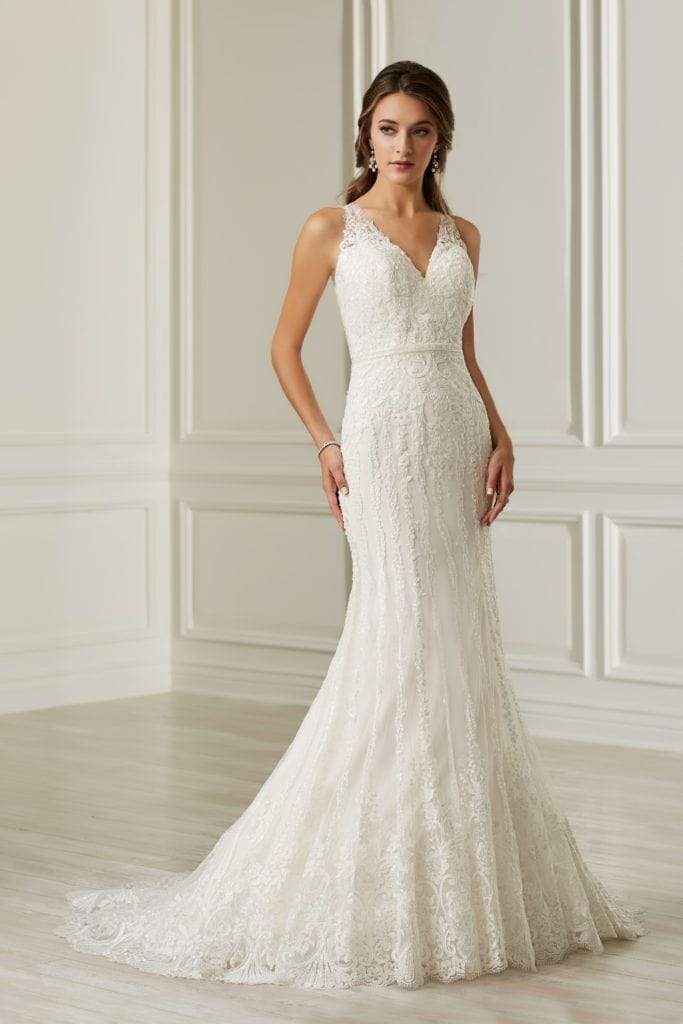 Adrianna Papell Platinum - 31106 Lace V-neck Mermaid Dress With Train Wedding Dresses 0 / Ivory/Ivory/Nude/Silver
