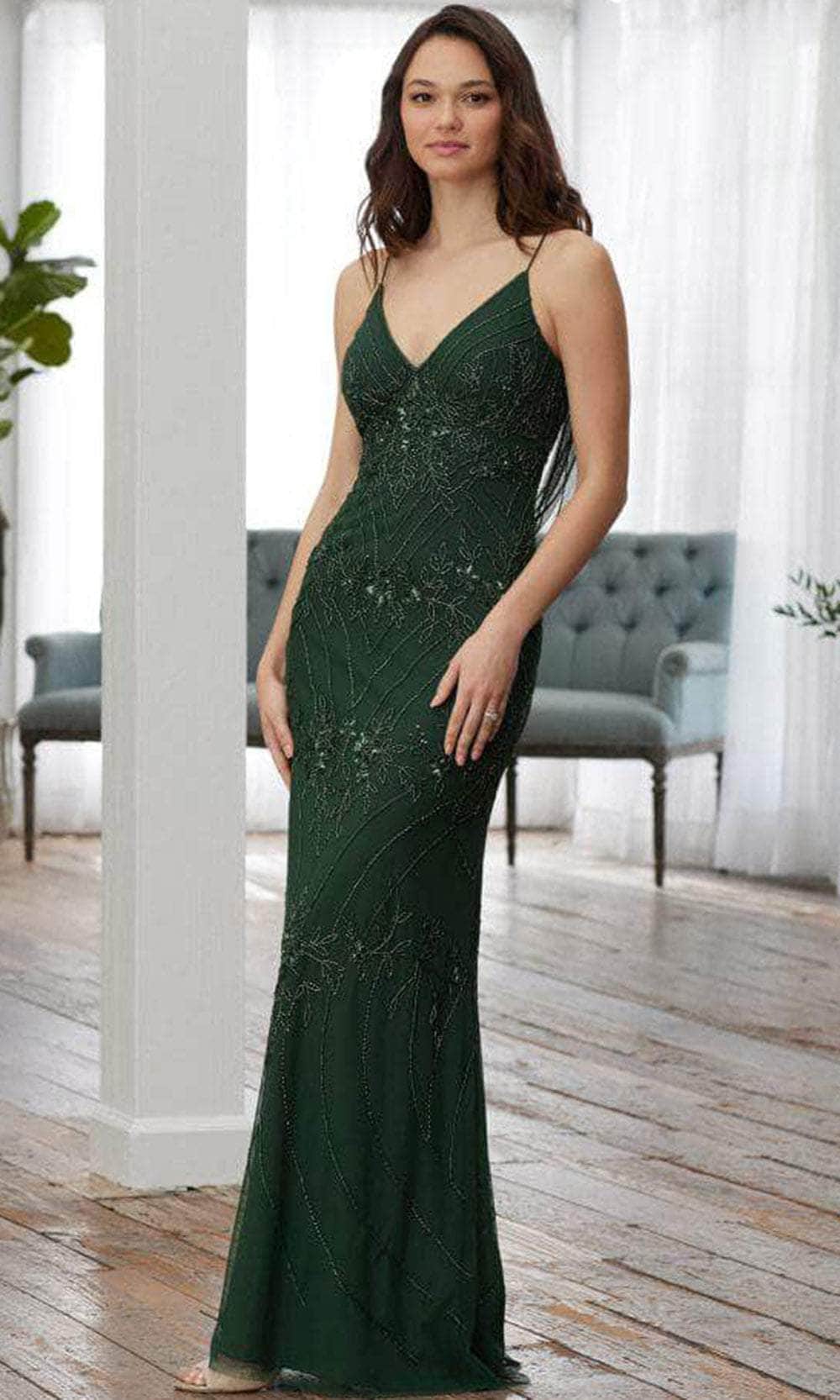Adrianna Papell Platinum 40366 - Sleeveless Deep V-neck Long Dress Prom Dresses 0 / Hunter/Ab