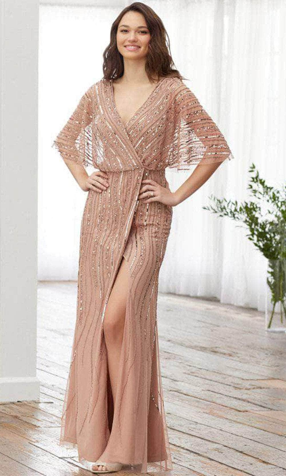 Adrianna Papell Platinum 40375 - Faux Wrap V-neck Evening Dress Evening Dresses 0 / Champagne/Gold