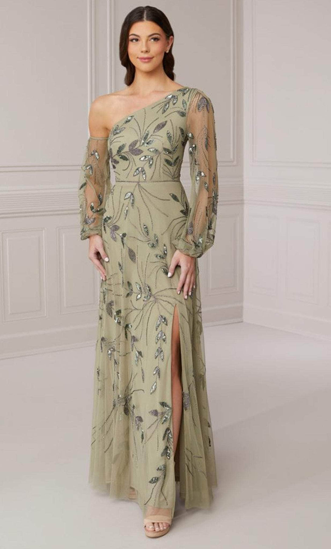 Adrianna Papell Platinum 40416 - Long Beaded Mesh A-line Dress - Sheer sleeve, Beads, High slit, Back zipper, Floor length, Sweep train ADASA Adrianna Papell Platinum 40416 - Long Beaded Mesh A-line Dress - Sheer sleeve, Beads, High slit, Back zipper, Floor length, Sweep train ADASA