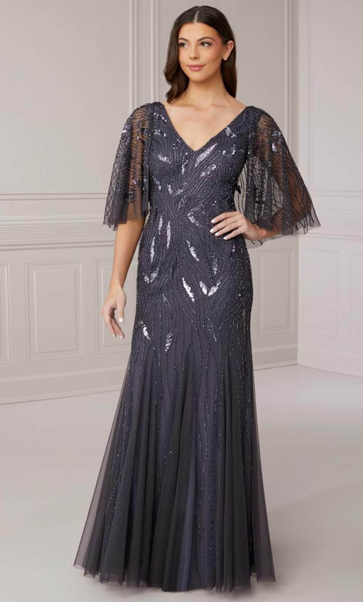 Adrianna Papell Platinum 40417 - Trumpet V Neck and Back Dress Evening Dresses 0 / Gunmetal