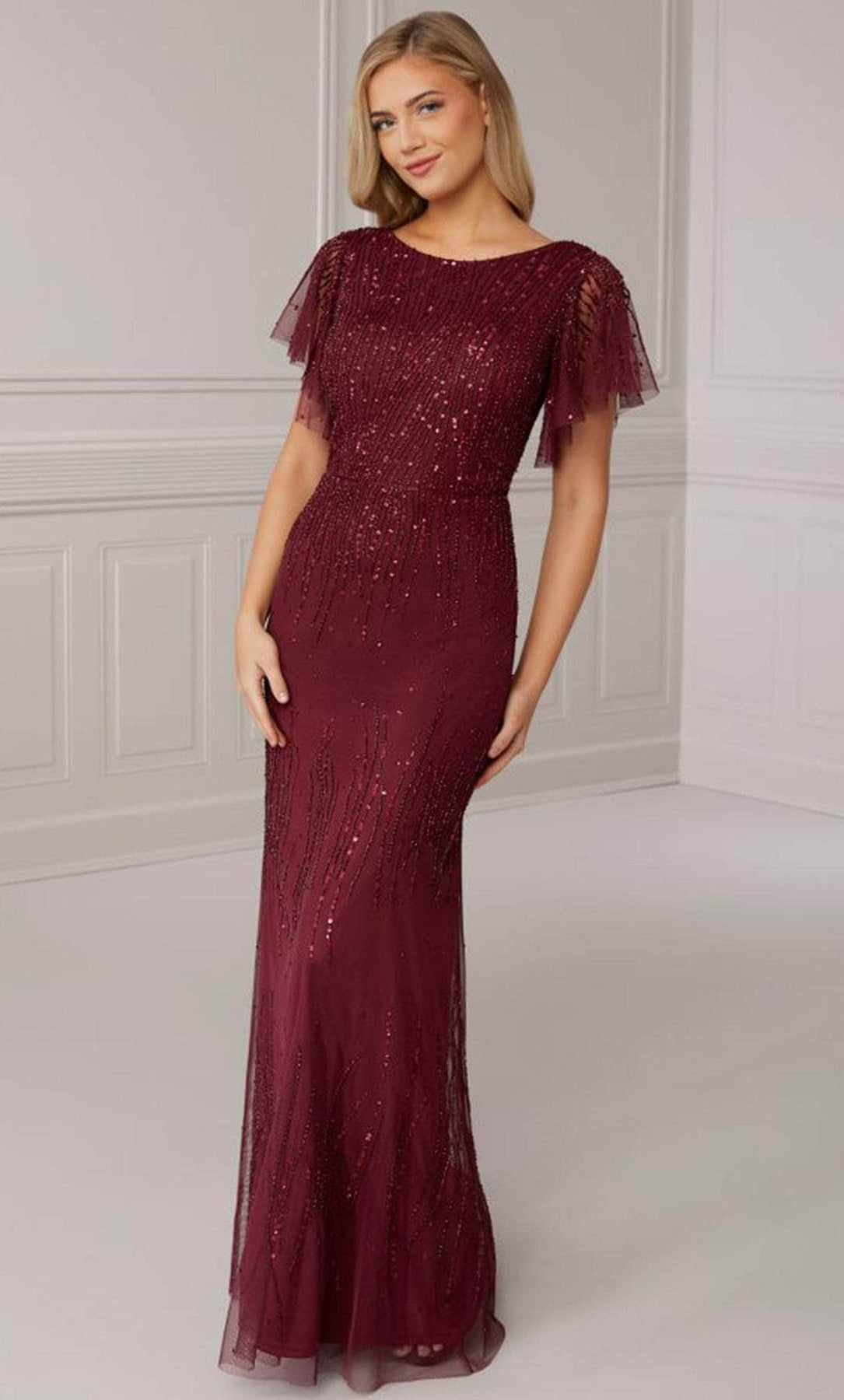 Adrianna Papell Platinum 40418 - Long Beaded Mesh Sheath Dress - Bell sleeve, Beads, Sequins, Fitted bodice, Formal, V back, Full length ADASA Adrianna Papell Platinum 40418 - Long Beaded Mesh Sheath Dress - Bell sleeve, Beads, Sequins, Fitted bodice, Formal, V back, Full length ADASA