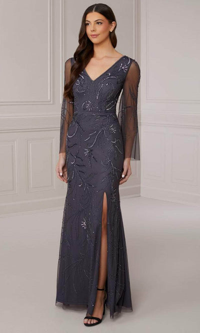 Adrianna Papell Platinum 40419 - Sheath V Neck Evening Gown Evening Dresses 0 / Gunmetal