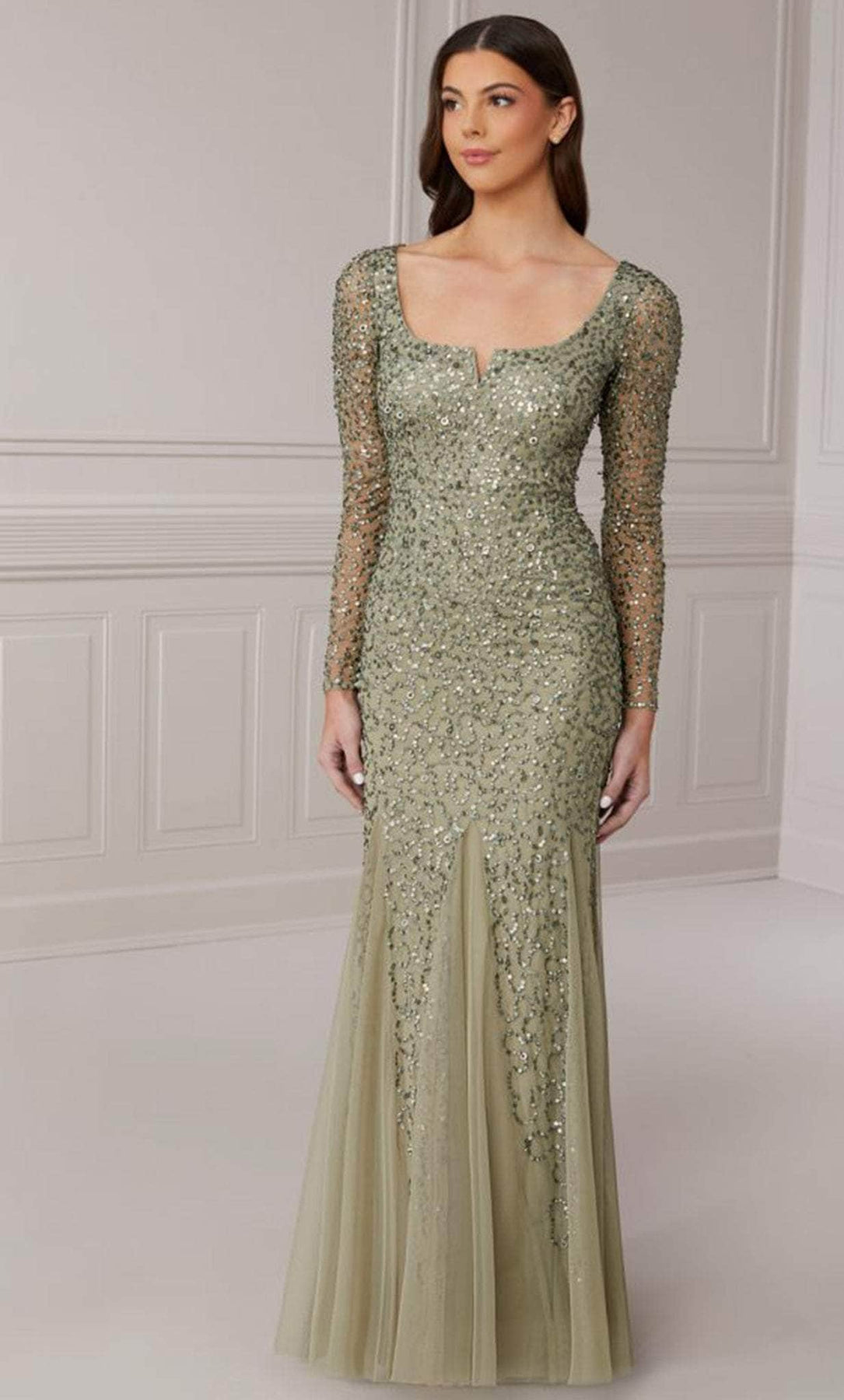 Adrianna Papell Platinum 40420 - Long Beaded Mesh Sheath Dress - Long sleeves, Fitted bodice, Notch neckline, Sequins, Low square back, Back zipper, Full length ADASA Adrianna Papell Platinum 40420 - Long Beaded Mesh Sheath Dress - Long sleeves, Fitted bodice, Notch neckline, Sequins, Low square back, Back zipper, Full length ADASA