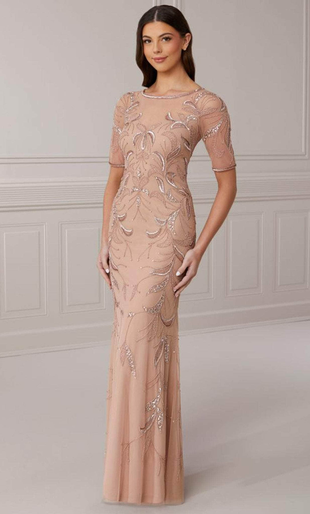 Adrianna Papell Platinum 40421 - Long Beaded Mesh Sheath Dress - Illusion, Fitted bodice, Beads, Buttons, Fitted bodice, Floor length, Sweep train ADASA Adrianna Papell Platinum 40421 - Long Beaded Mesh Sheath Dress - Illusion, Fitted bodice, Beads, Buttons, Fitted bodice, Floor length, Sweep train ADASA