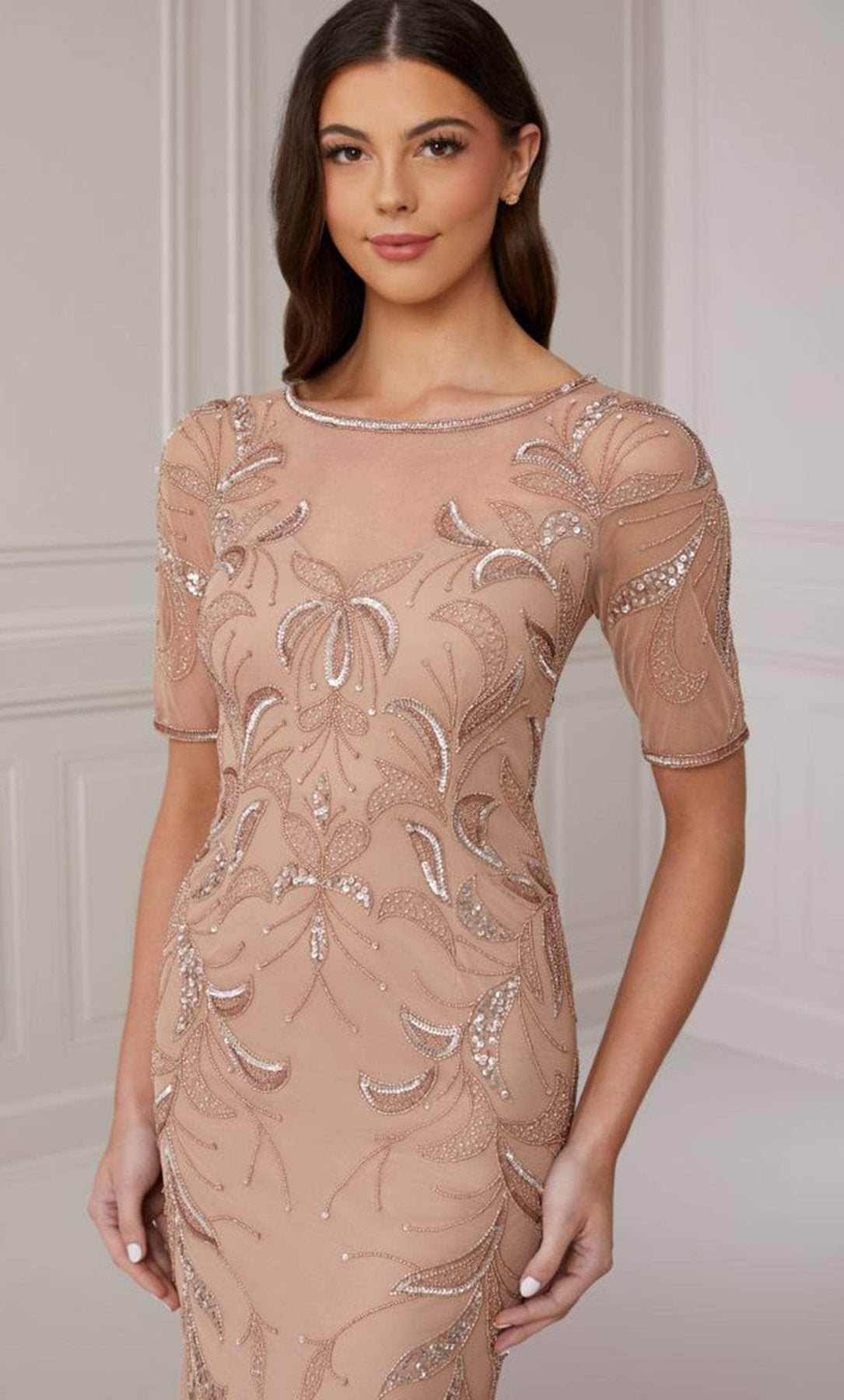 Adrianna Papell Platinum 40421 - Long Beaded Mesh Sheath Dress - Illusion, Fitted bodice, Beads, Buttons, Fitted bodice, Floor length, Sweep train ADASA Adrianna Papell Platinum 40421 - Long Beaded Mesh Sheath Dress - Illusion, Fitted bodice, Beads, Buttons, Fitted bodice, Floor length, Sweep train ADASA