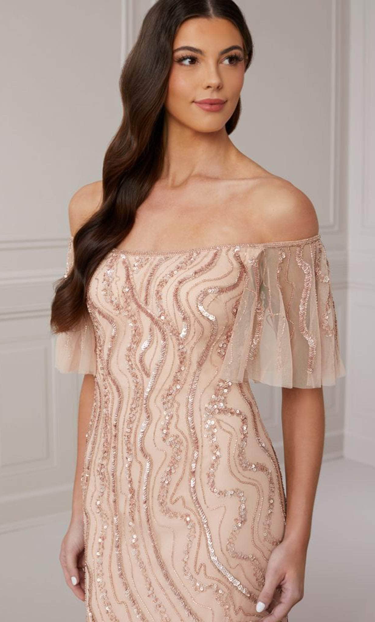 Adrianna Papell Platinum 40422 - Long Beaded Mesh Trumpet Dress - Off shoulder sleeves, Sequins, Formal, Fitted bodice, Full length, Back zipper ADASA Adrianna Papell Platinum 40422 - Long Beaded Mesh Trumpet Dress - Off shoulder sleeves, Sequins, Formal, Fitted bodice, Full length, Back zipper ADASA