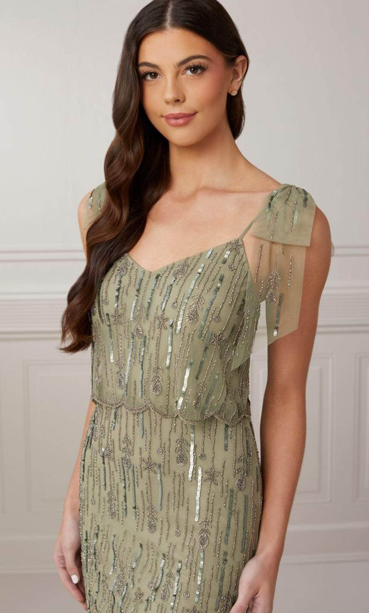 Adrianna Papell Platinum 40425 - Long Beaded Mesh Column Dress - Thick strap, Scallop blouson hem, Sequins, Side slit, Mid square back, Full length ADASA Adrianna Papell Platinum 40425 - Long Beaded Mesh Column Dress - Thick strap, Scallop blouson hem, Sequins, Side slit, Mid square back, Full length ADASA