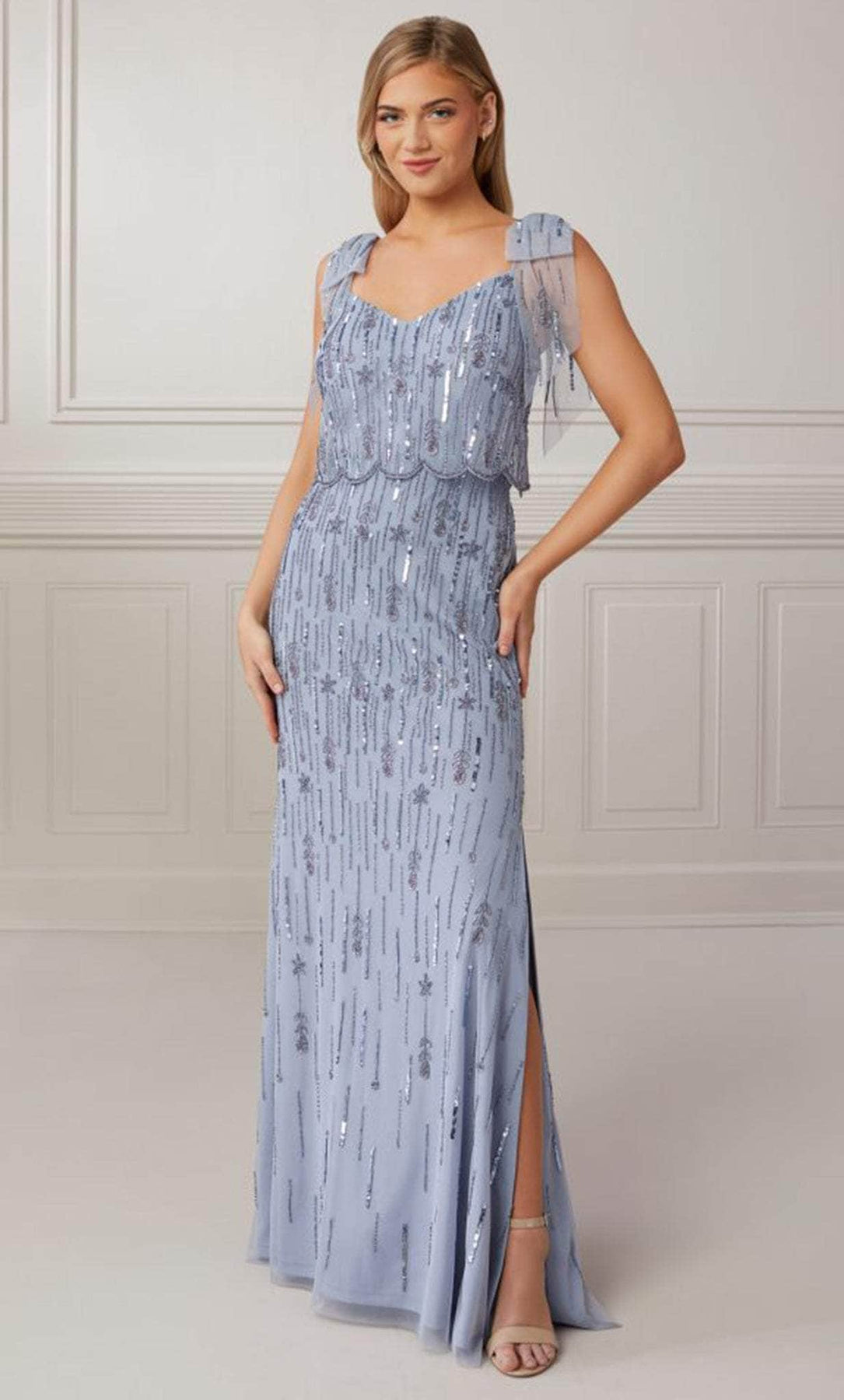 adrianna papell long grey dress Adrianna Papell Platinum Bridesmaid Dress Style 40135