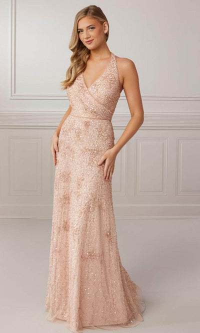 Adrianna Papell Platinum 40426 - Halter V Neck Sequined Long Gown Prom Dresses 0 / Blush